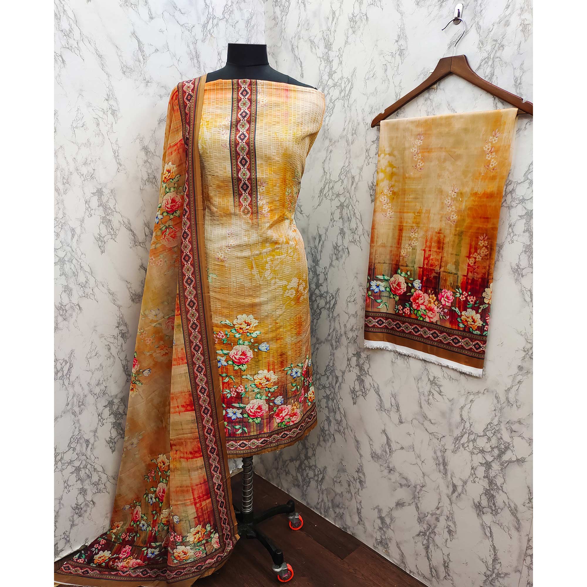 Yellow Floral Digital Printed Muslin Dress Material