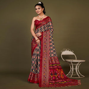 Black Printed Jute Patola Saree With Tassels