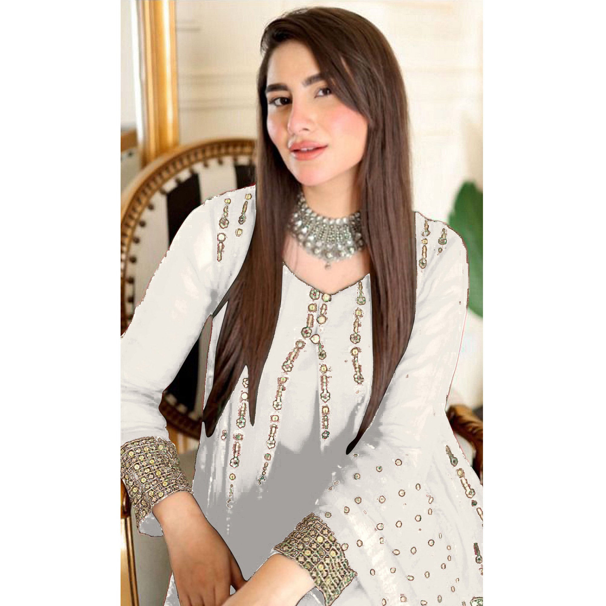 White Sequins Embroidered Georgette Pakistani Suit