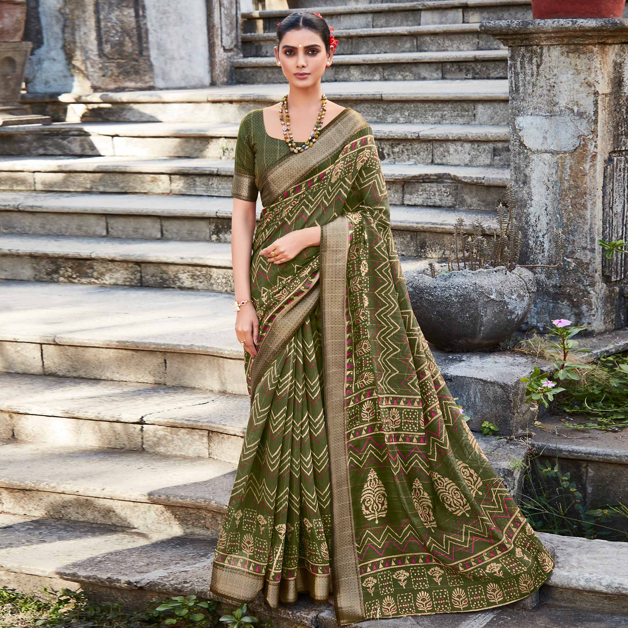 Green Printed With Woven Border Cotton Saree