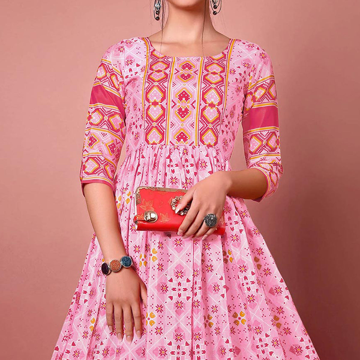 Pink Digital Printed Chiffon Long Kurti