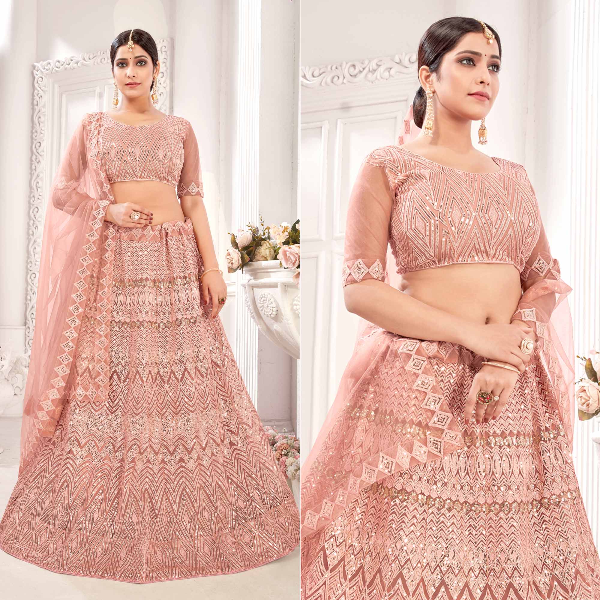 Peach Sequins Embroidered Netted Lehenga Choli