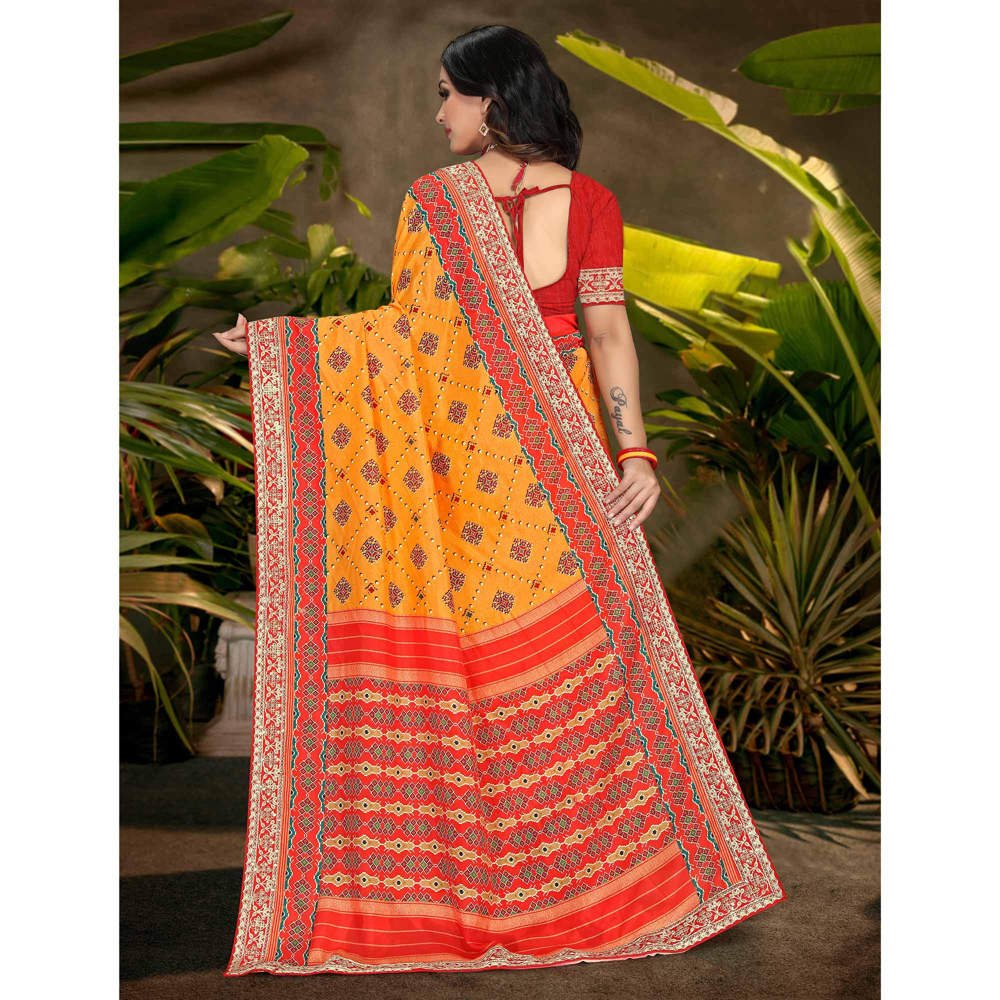 Mustard Digital Print With Sequins Vichitra Silk Saree