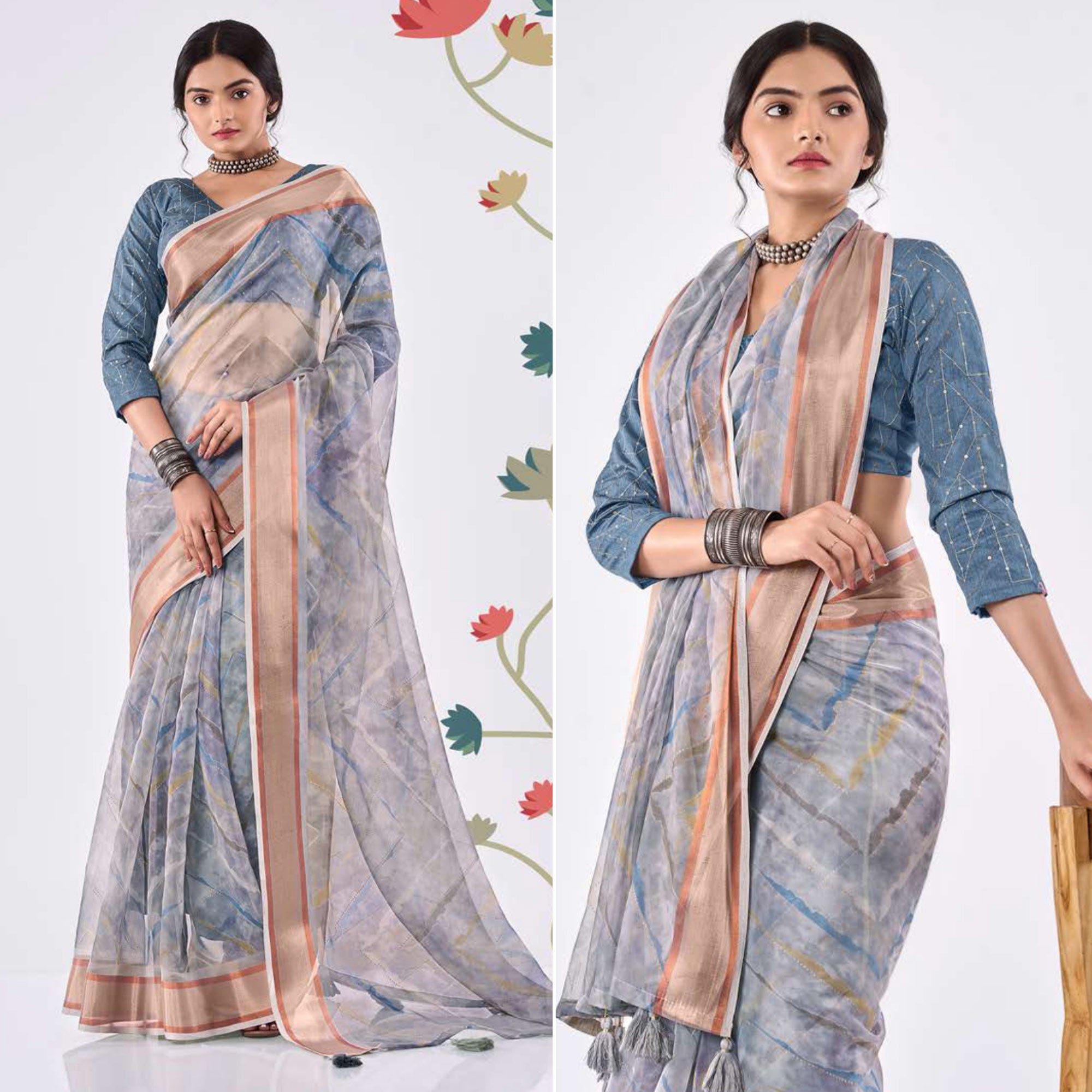 Grey Printed Organza Saree With Woven Border