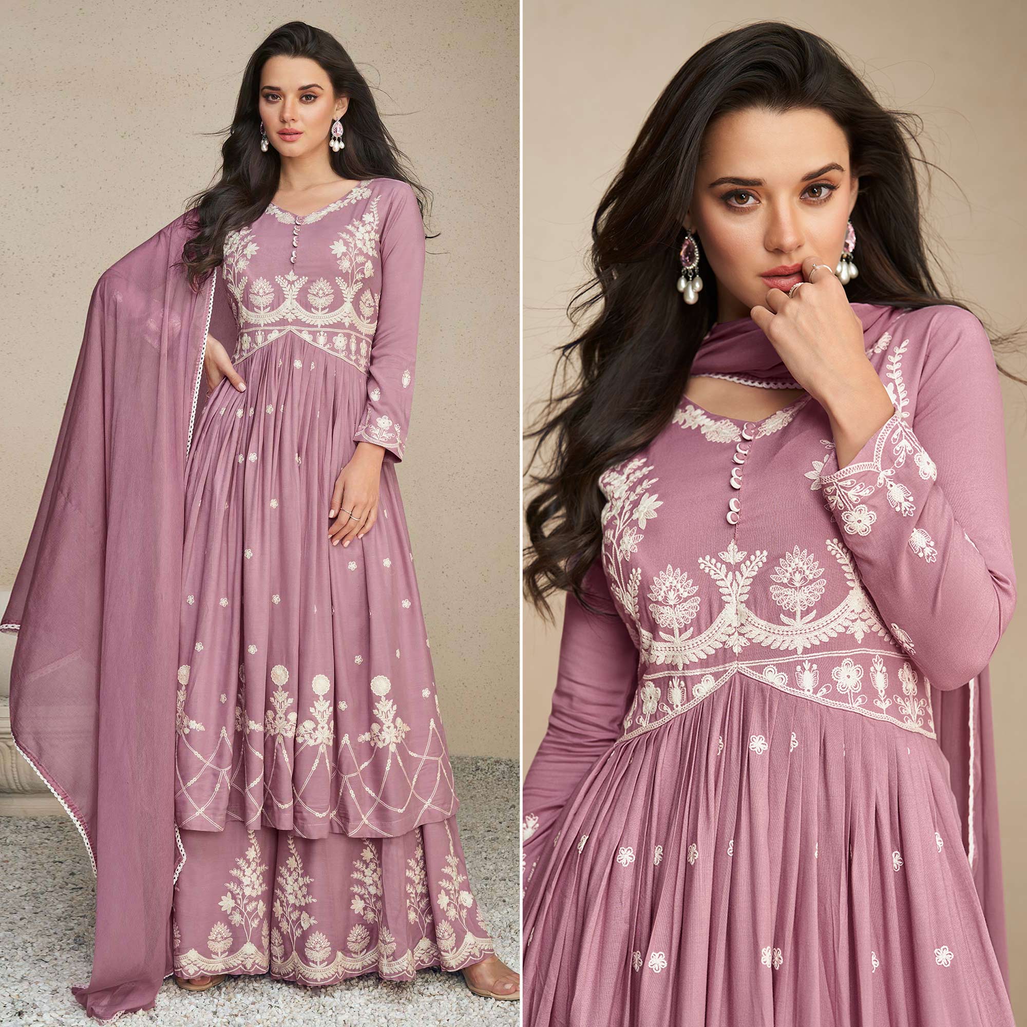Mauve Lucknowi Embroidered Rayon Palazzo Suit