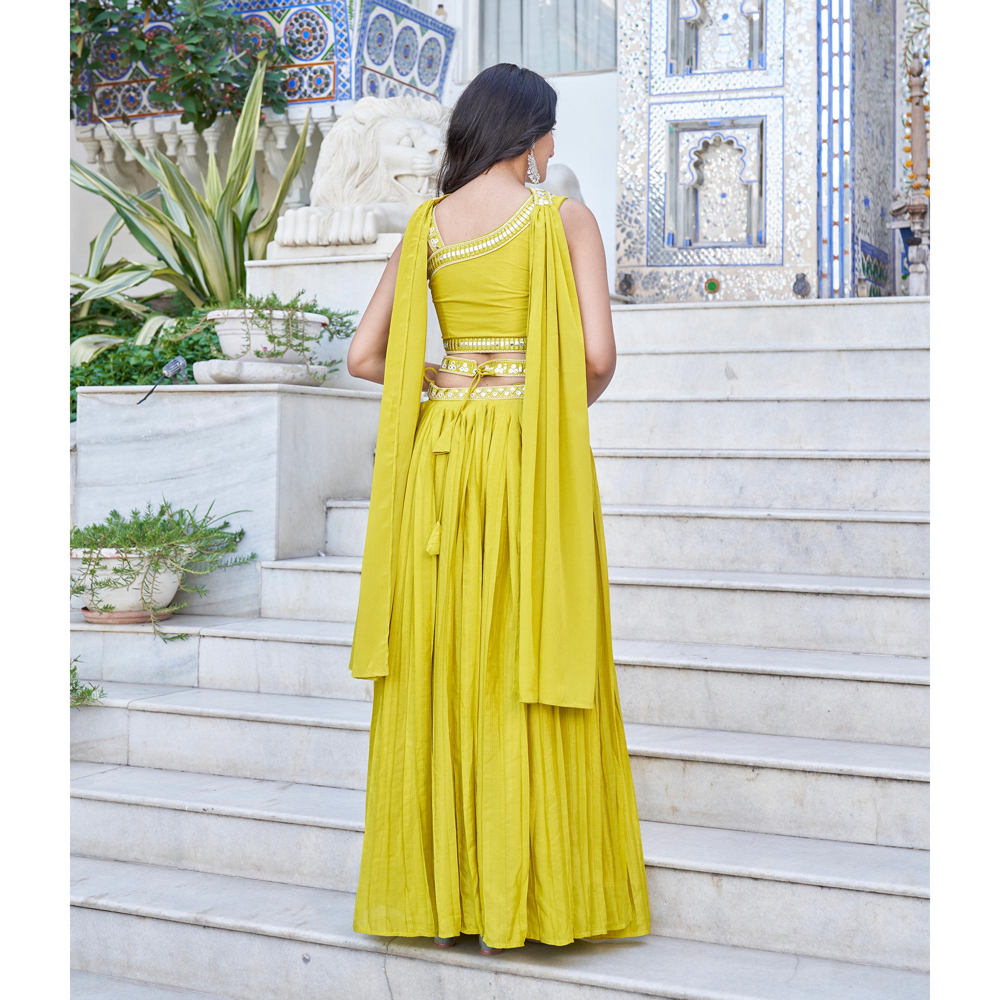 Lemon Green Embroidered Chiffon Plated Lehenga Choli