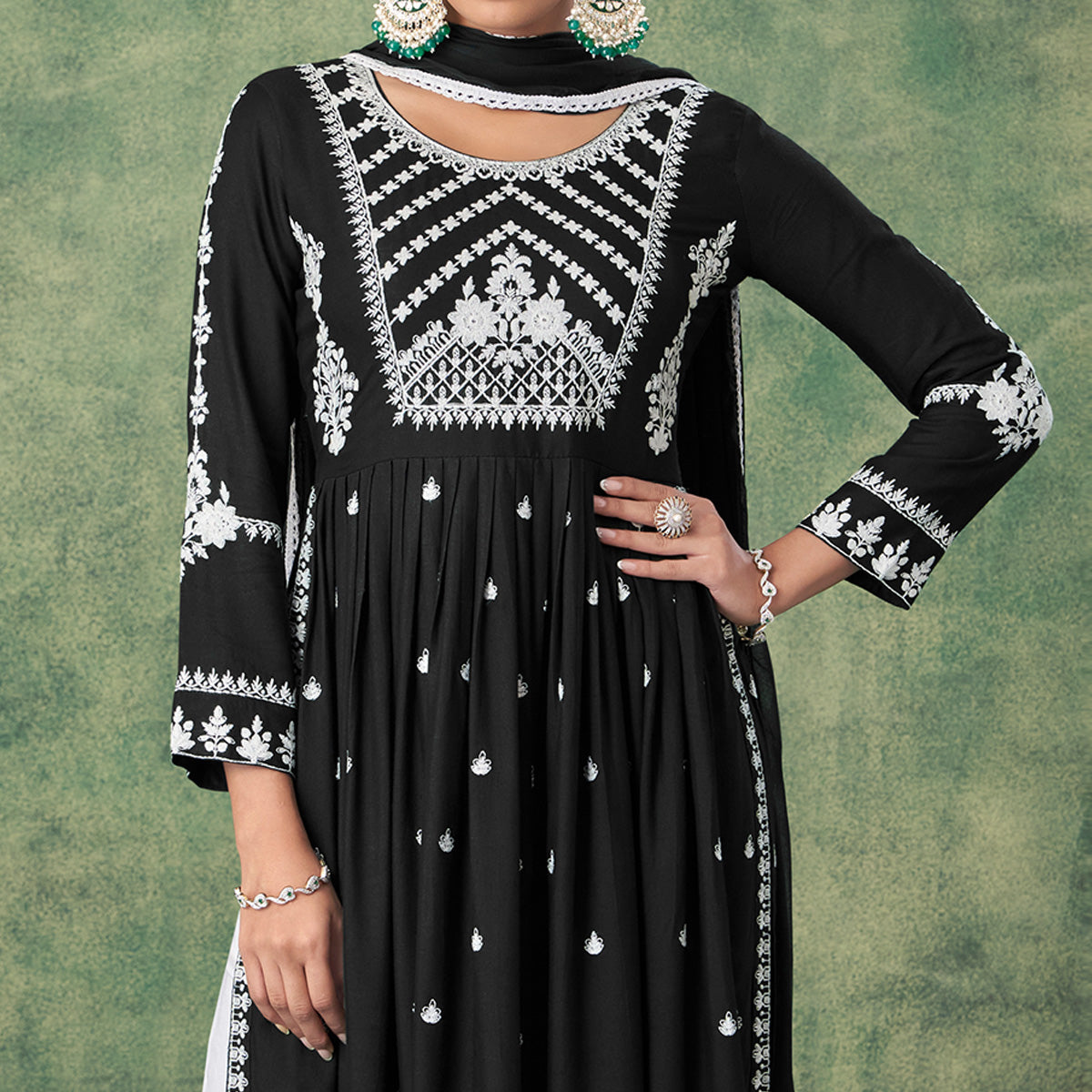 Black Lucknowi Work Rayon Naira Cut Palazzo Suit