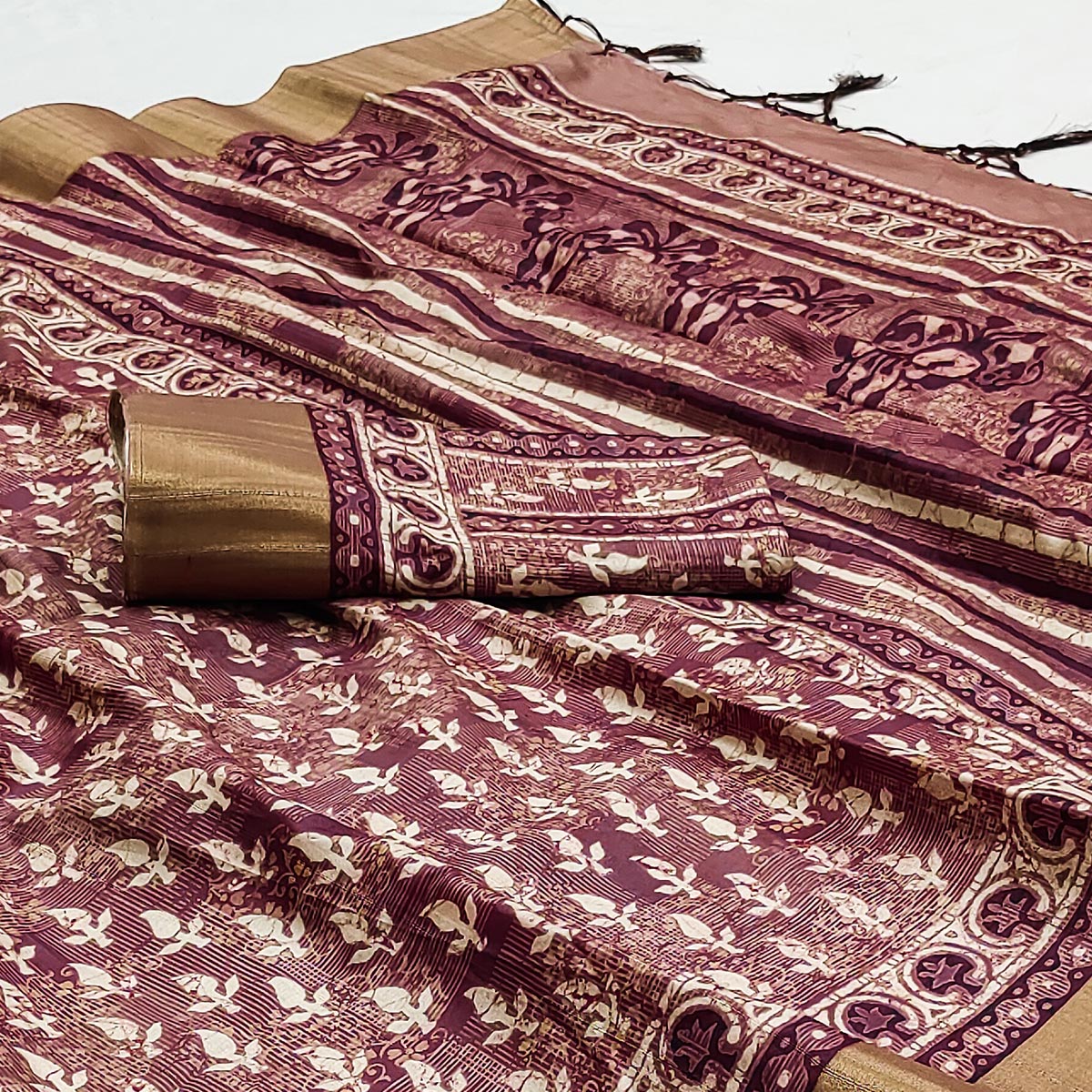 Wine Floral Digital Printed Matka Tussar Silk Saree With Tassels