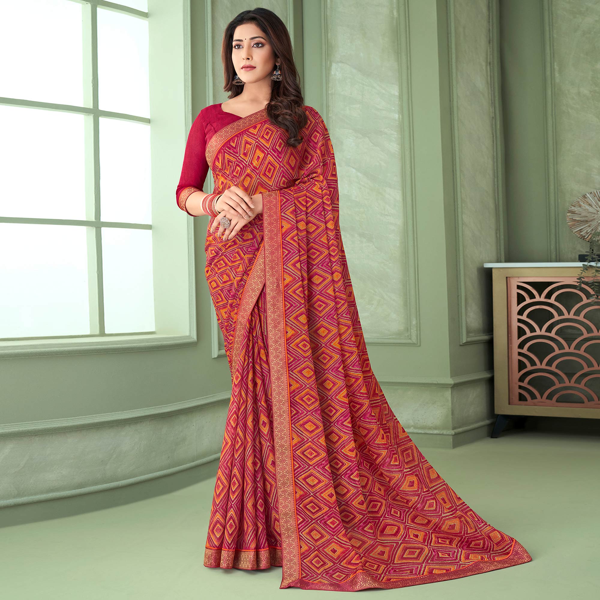 Rani Pink Digital Printed Chiffon Saree With Lace Border