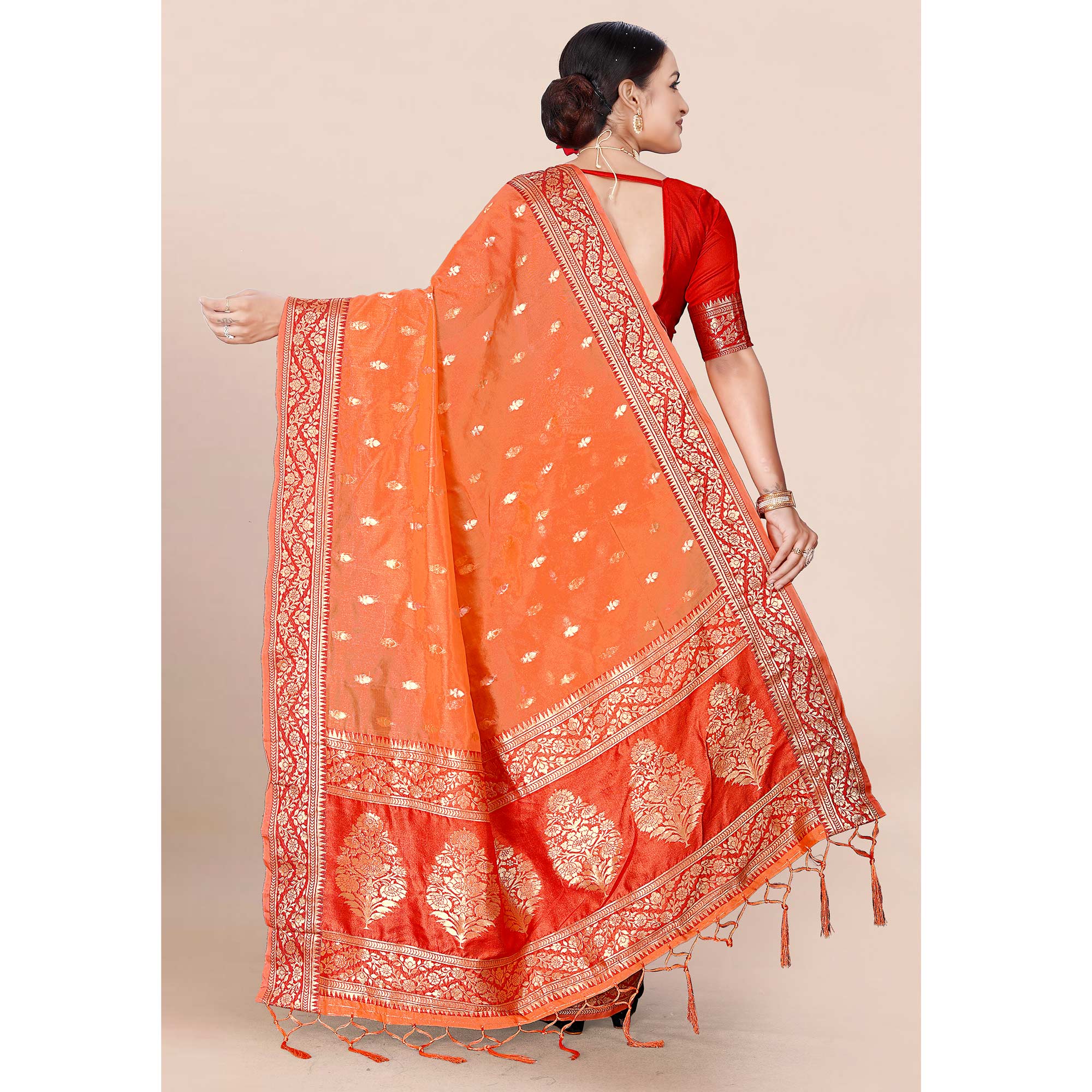 Orange Woven Organza Saree With Tassels