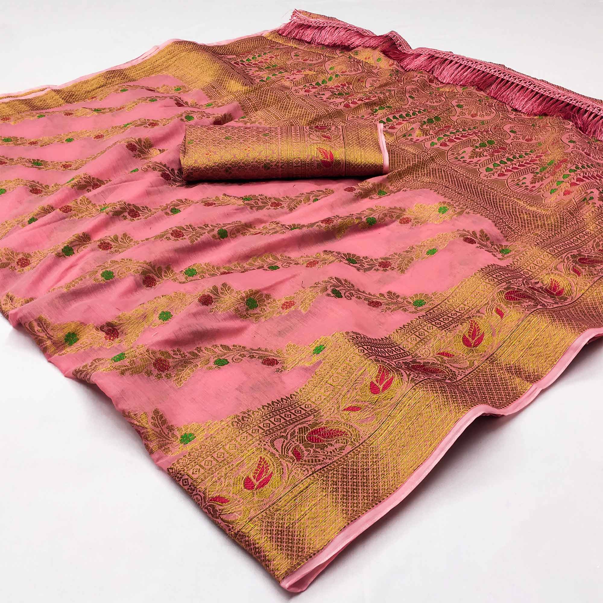 Pink Woven Cotton Blend Saree With Tassels