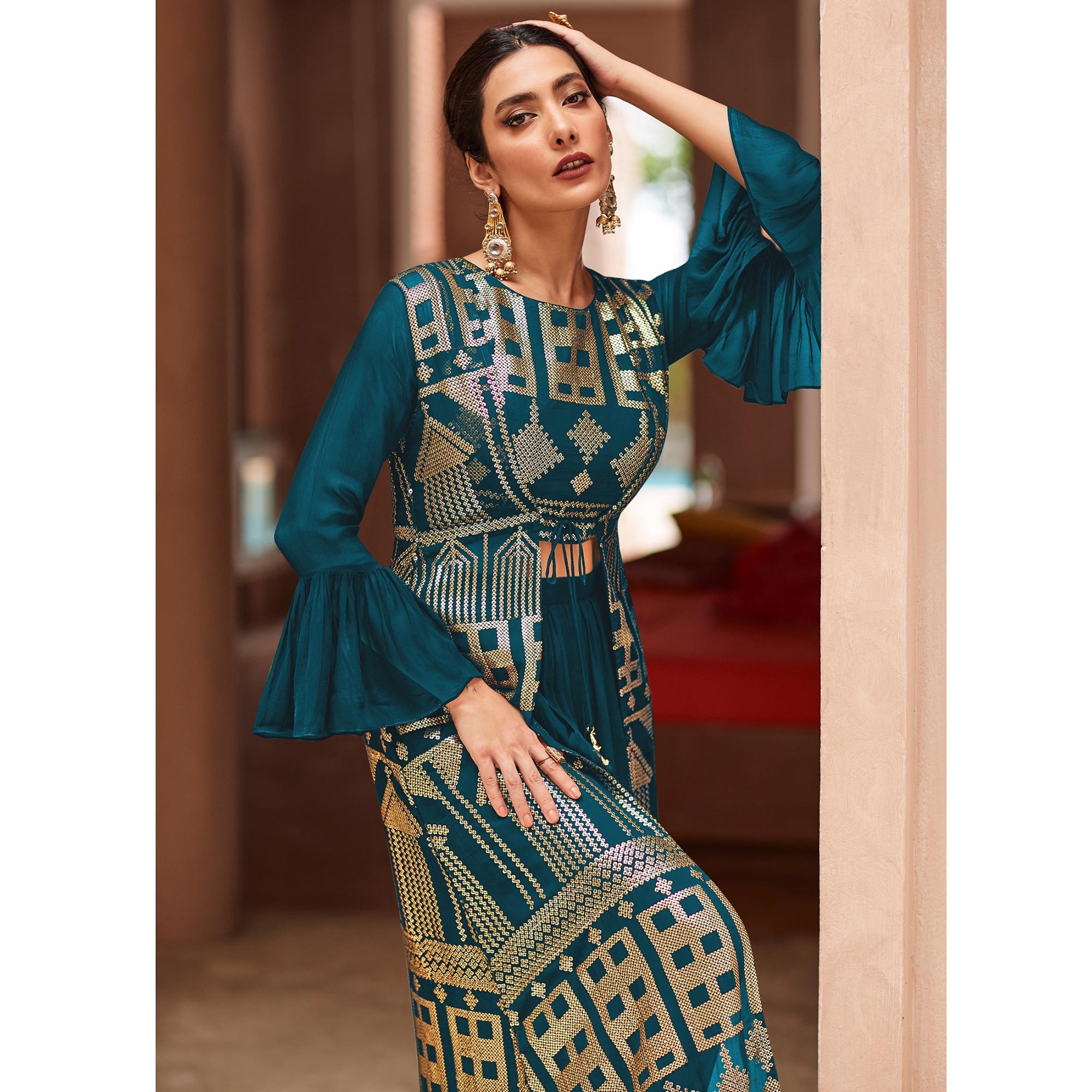 Aqua Blue Sequins Embroidered Georgette Sharara Choli With Jacket