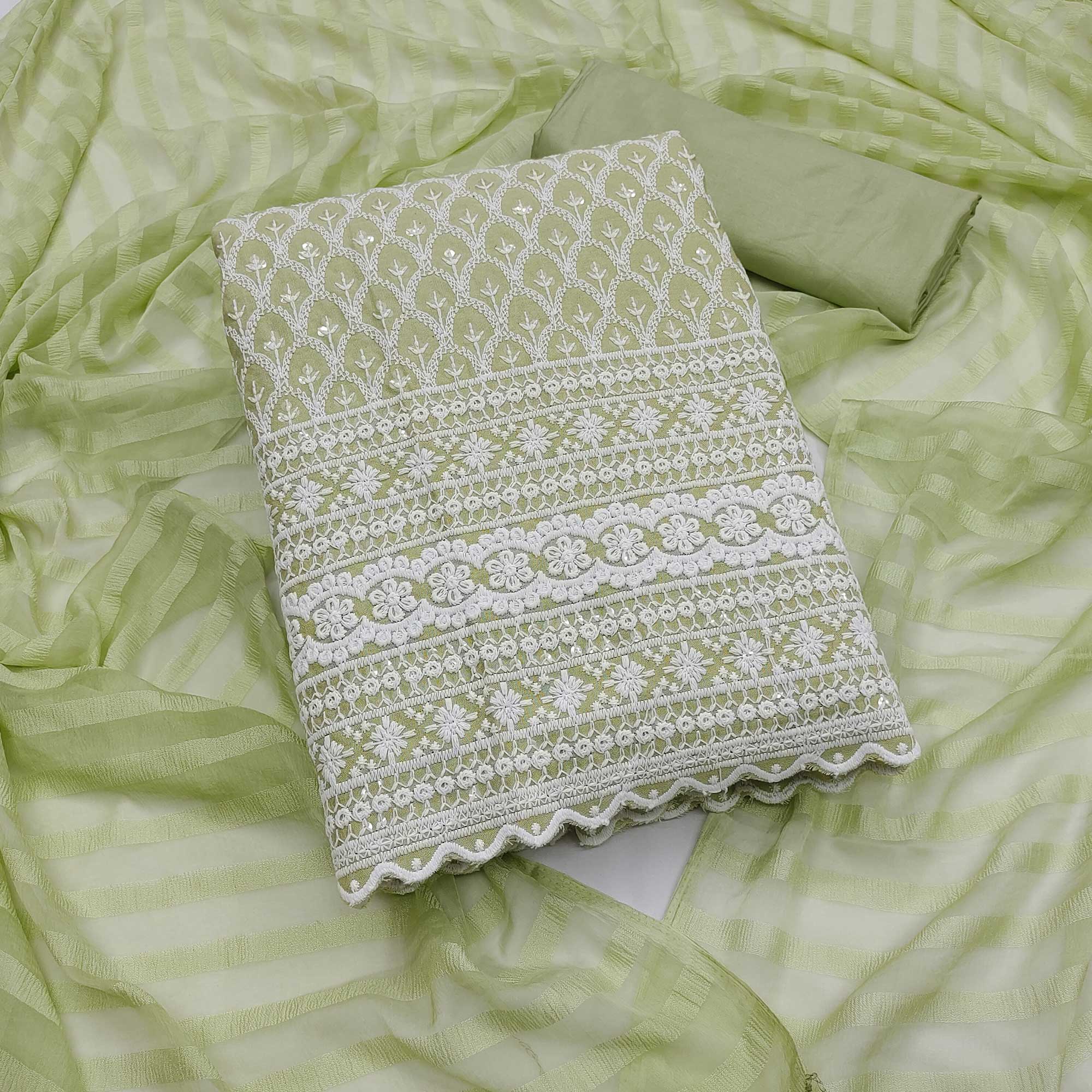 Green Sequins Embroidered Cotton Blend Dress Material