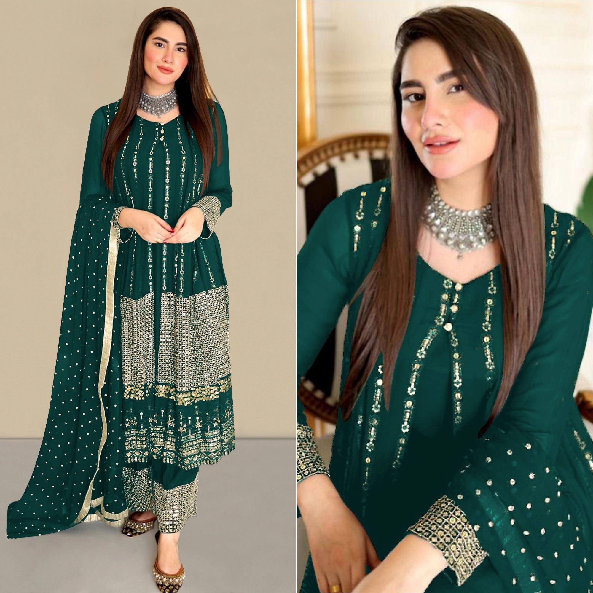 Green Sequins Embroidered Georgette Pakistani Suit