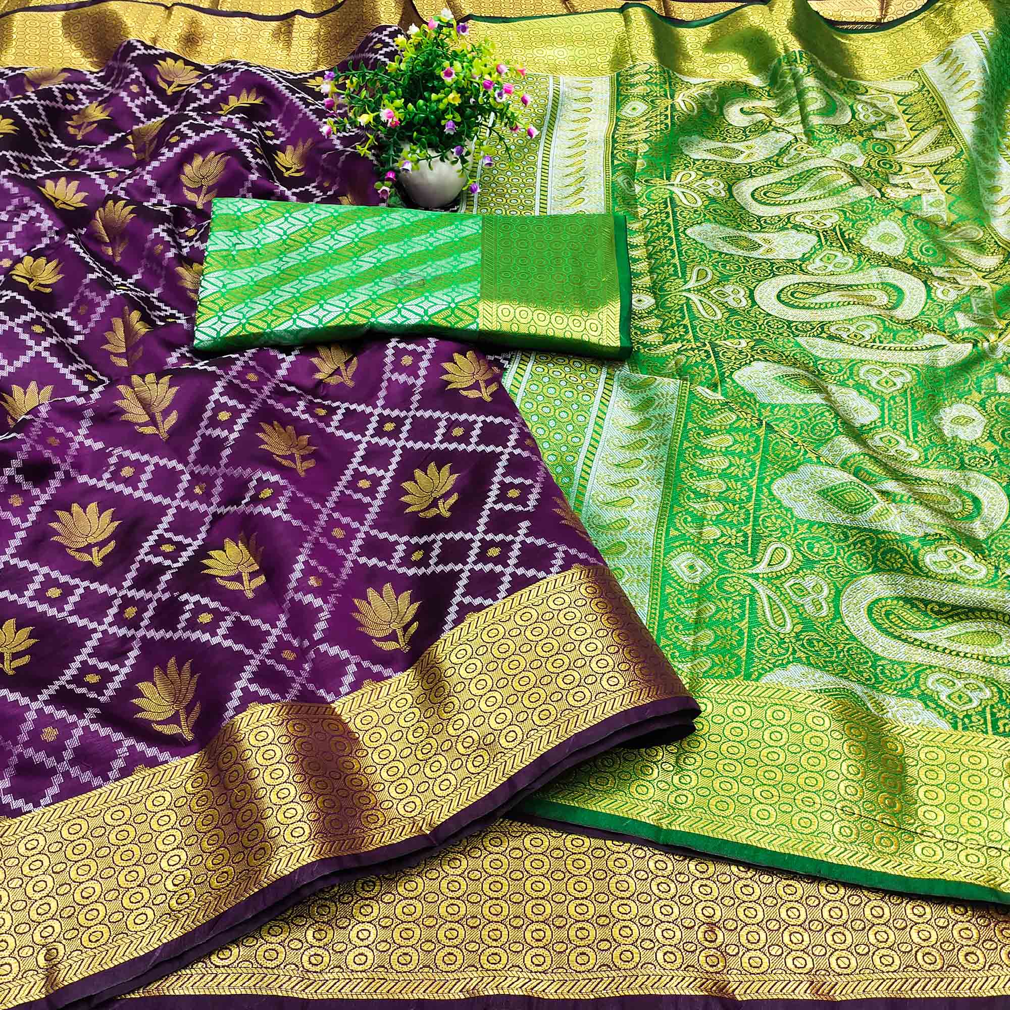 Wine Floral Woven Banarasi Silk Saree