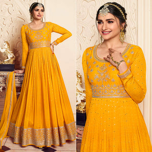 Mustard Printed With Embroidered Chiffon Gown