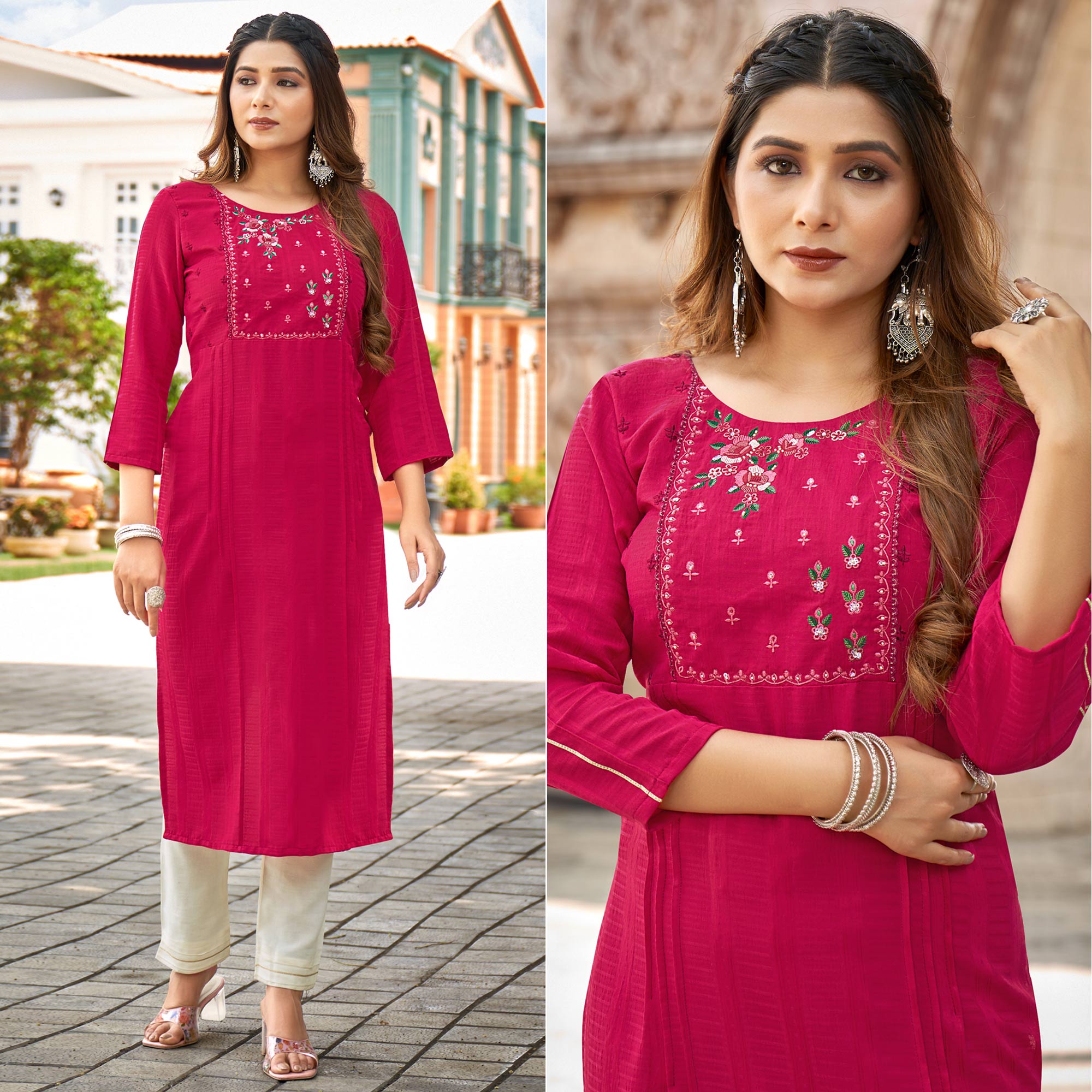 Pink Embroidered Rayon Kurti