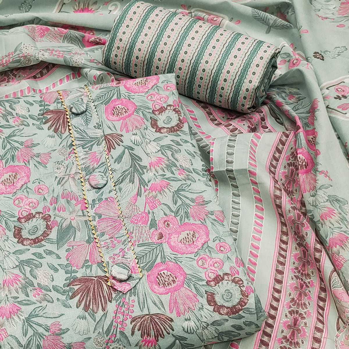 Green Floral Printed Cotton Blend Dress Material