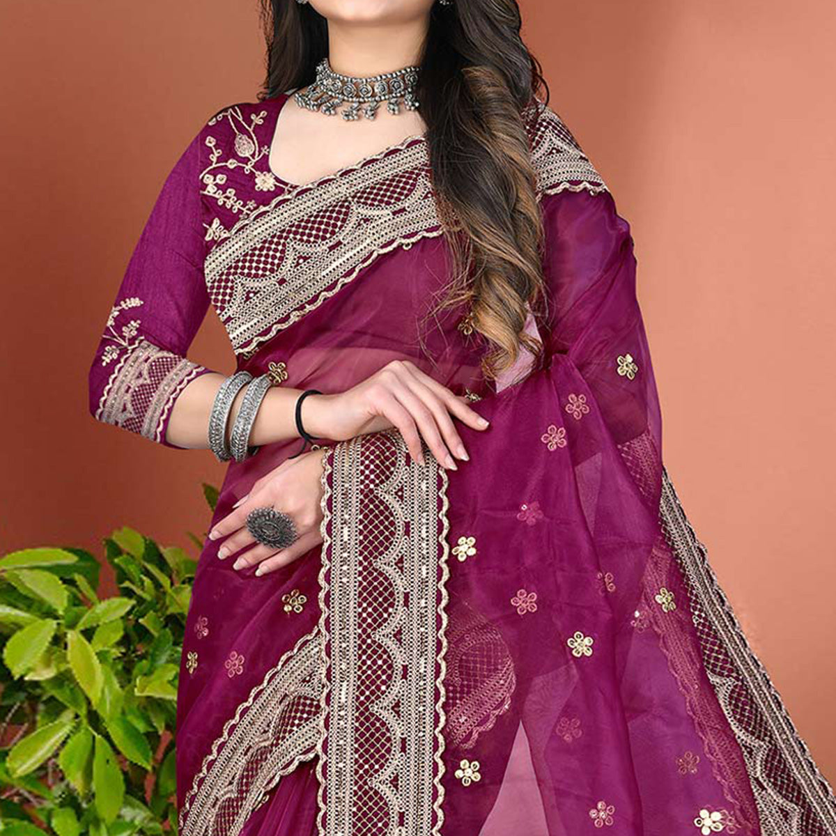 Purple Sequence Emroidered Organza Saree