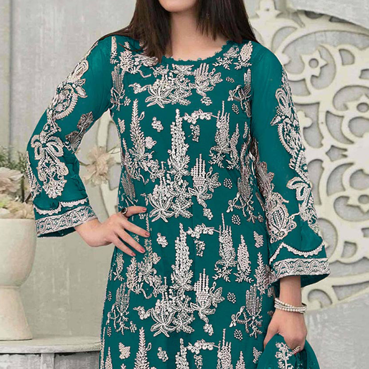 Teal Blue Floral Embroidered Georgette Pakistani Suit