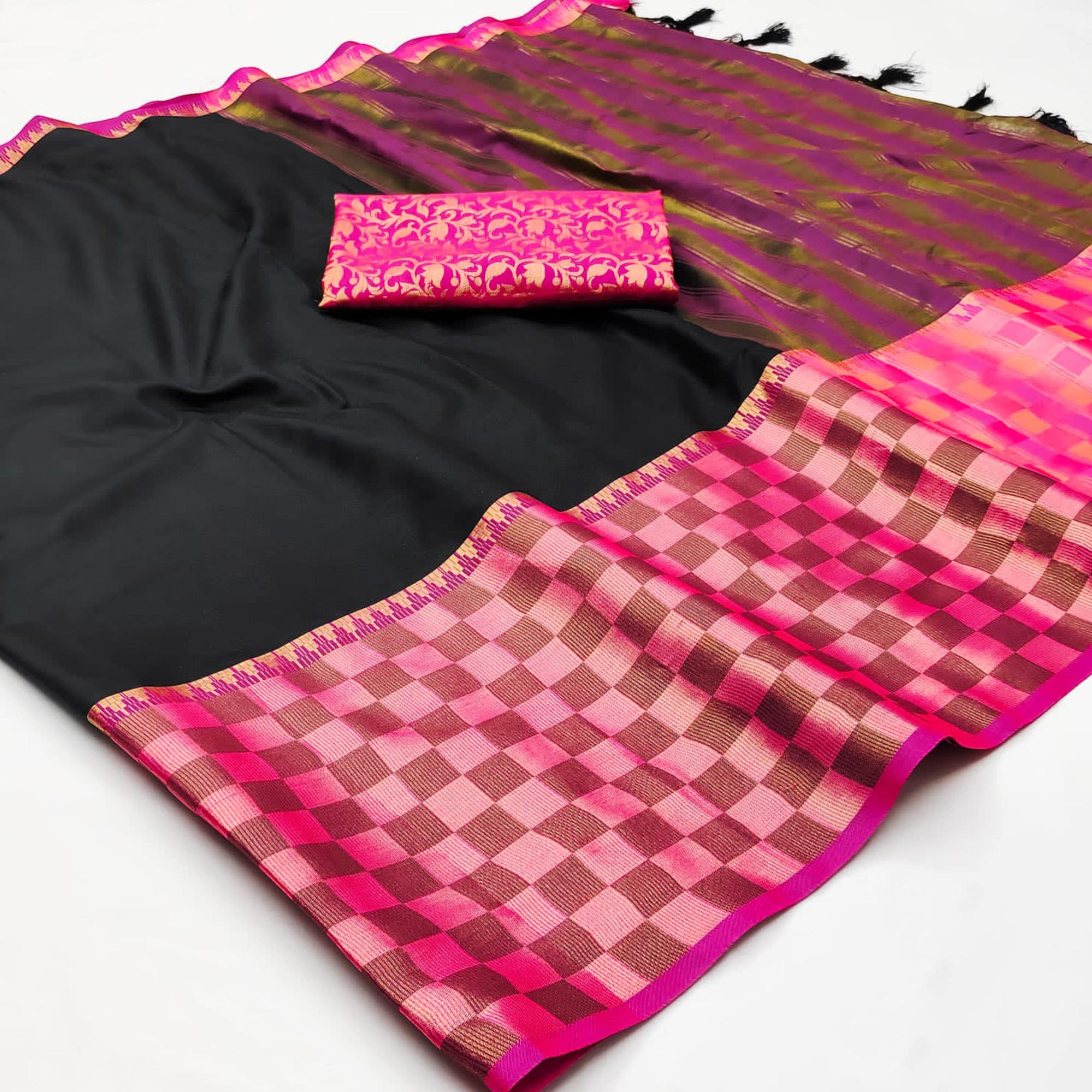 Black Woven Cotton Silk Saree With Tassels