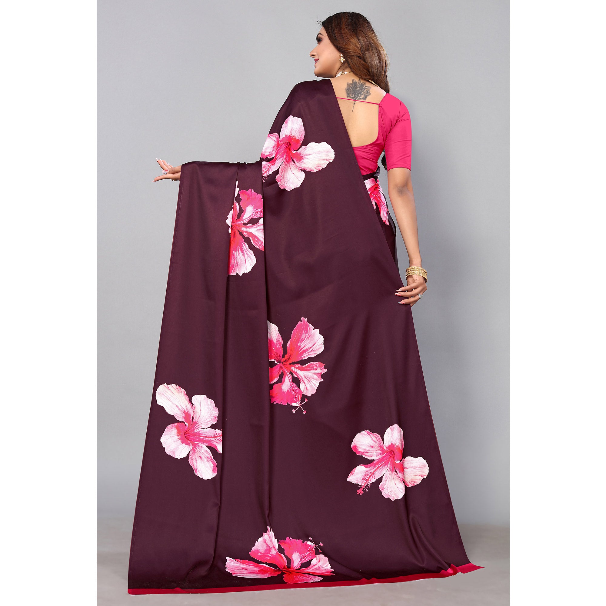 Wine Digital Printed Satin Saree