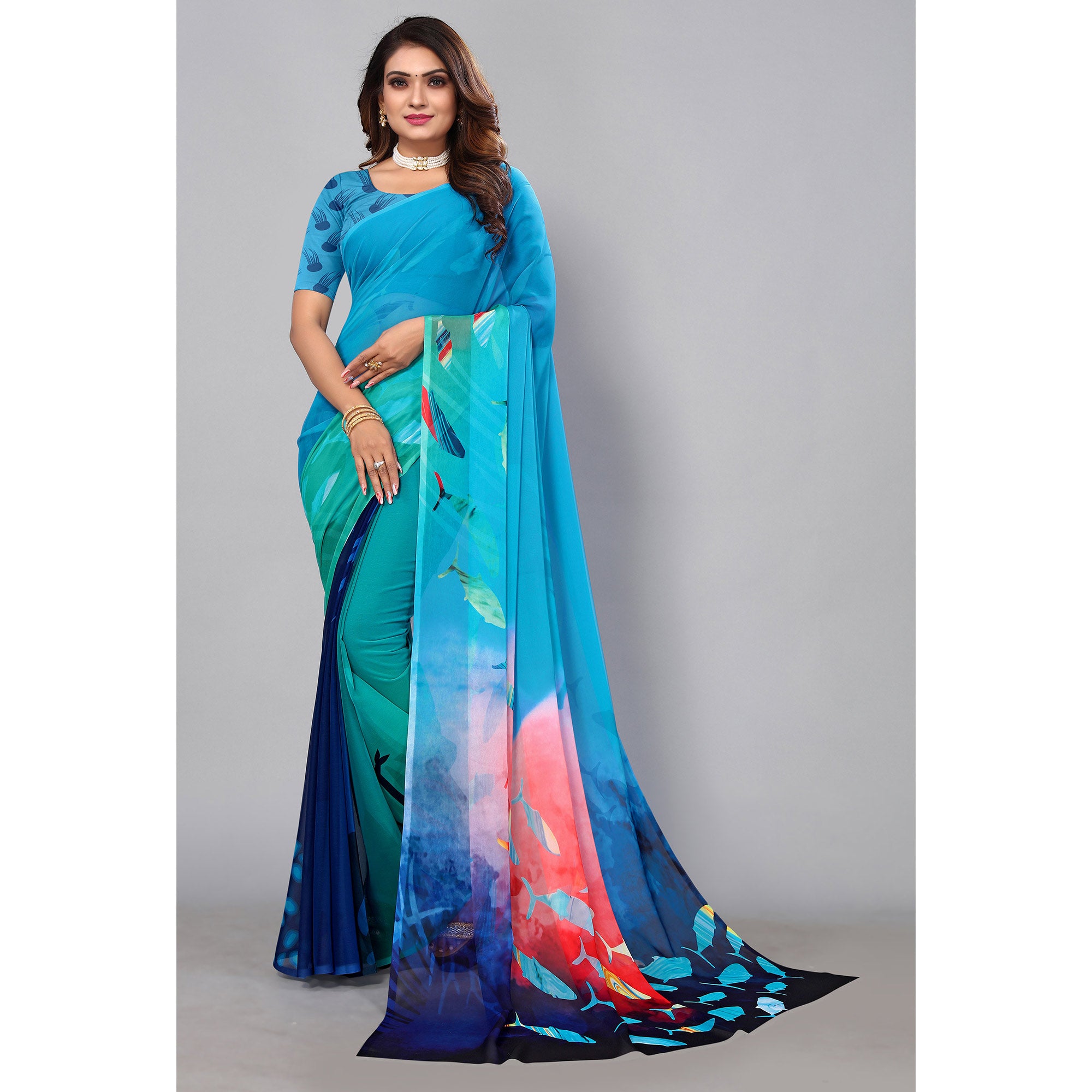 Blue Digital Printed Georgette Saree