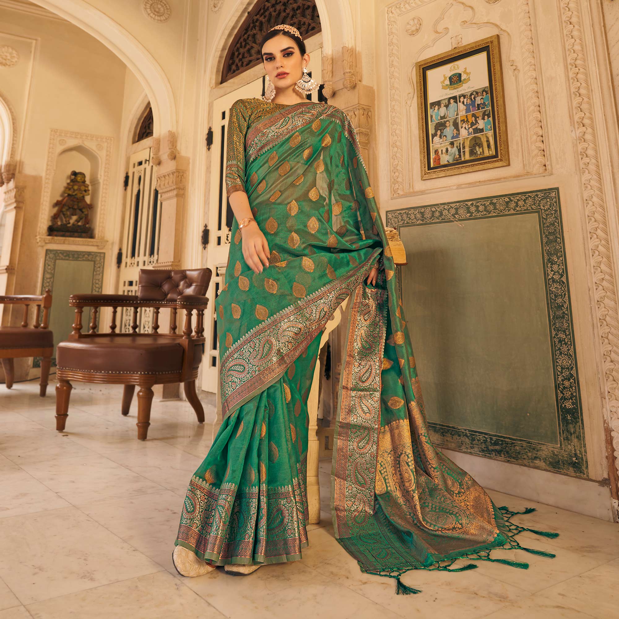 Green Woven Organza Saree