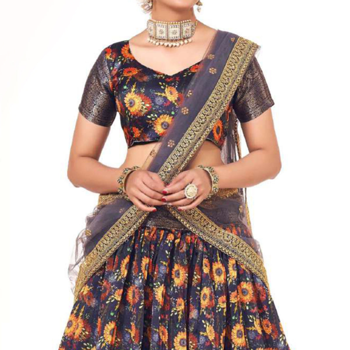 Indigo Blue Digital Printed With Zari Work Art Silk Lehenga Choli
