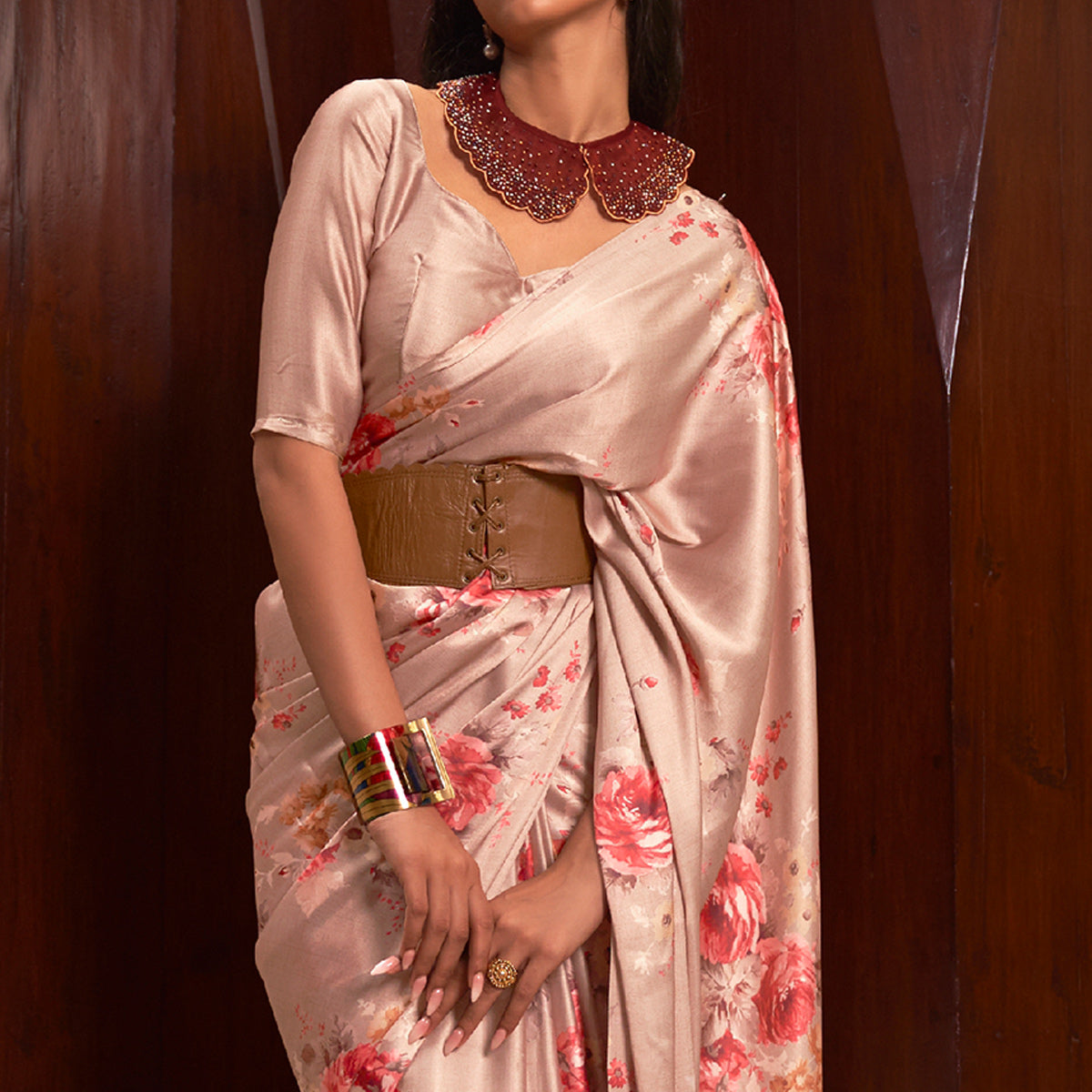 Peach Floral Digital Printed Satin Saree