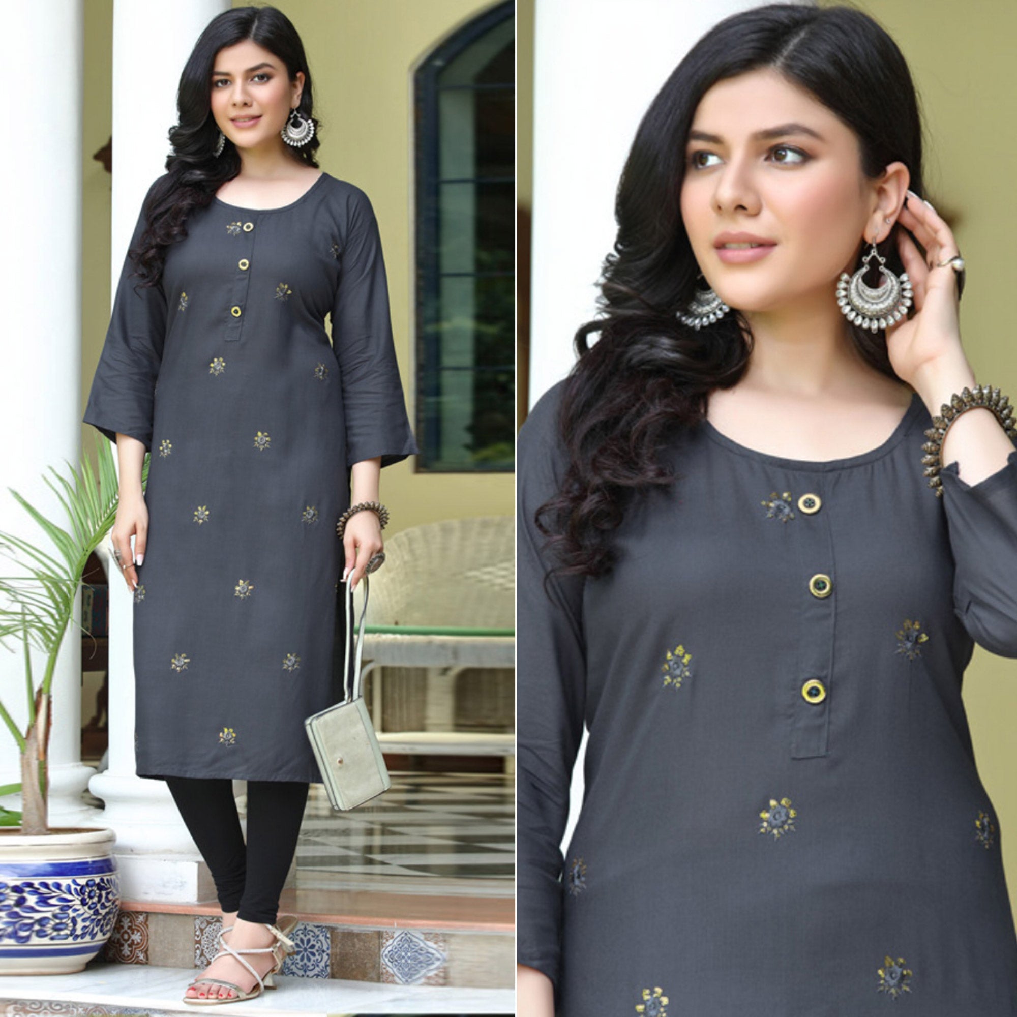 Grey Embroidered Rayon Kurti