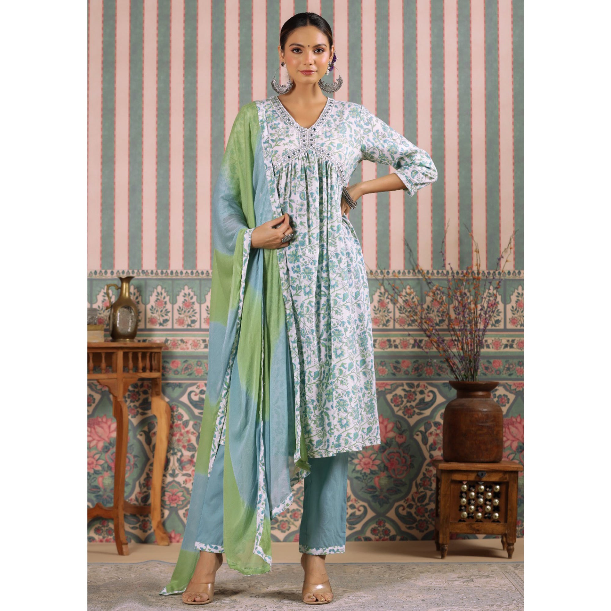 Aqua Blue Floral Printed Pure Cotton Alia Cut Suit