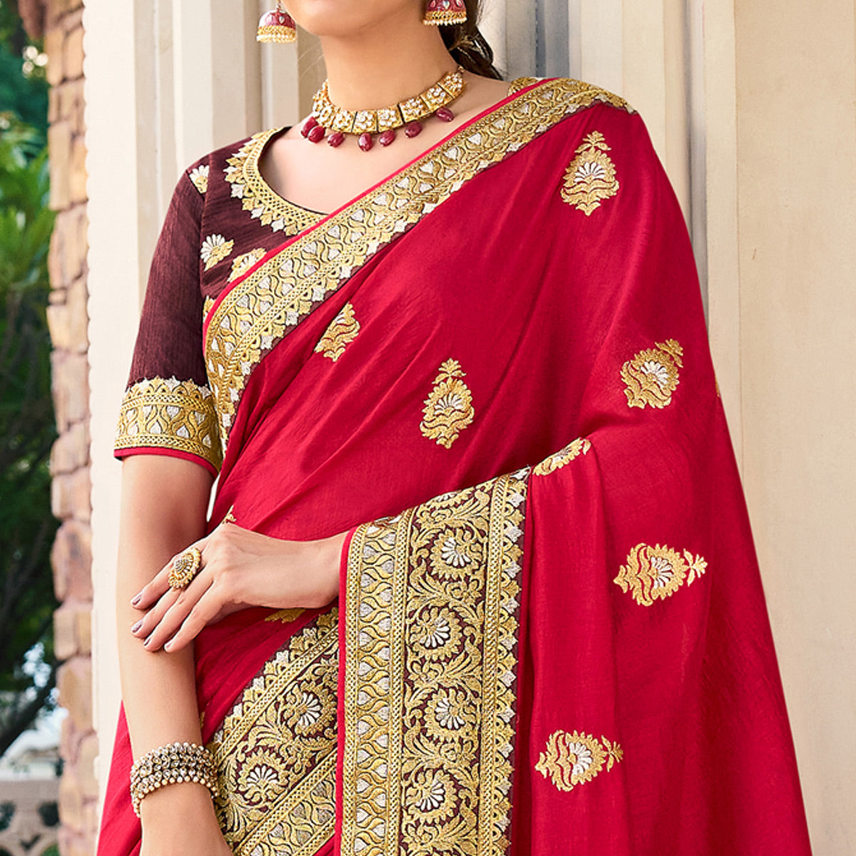 Red Embroidered Vichitra Silk Saree With With Tassels