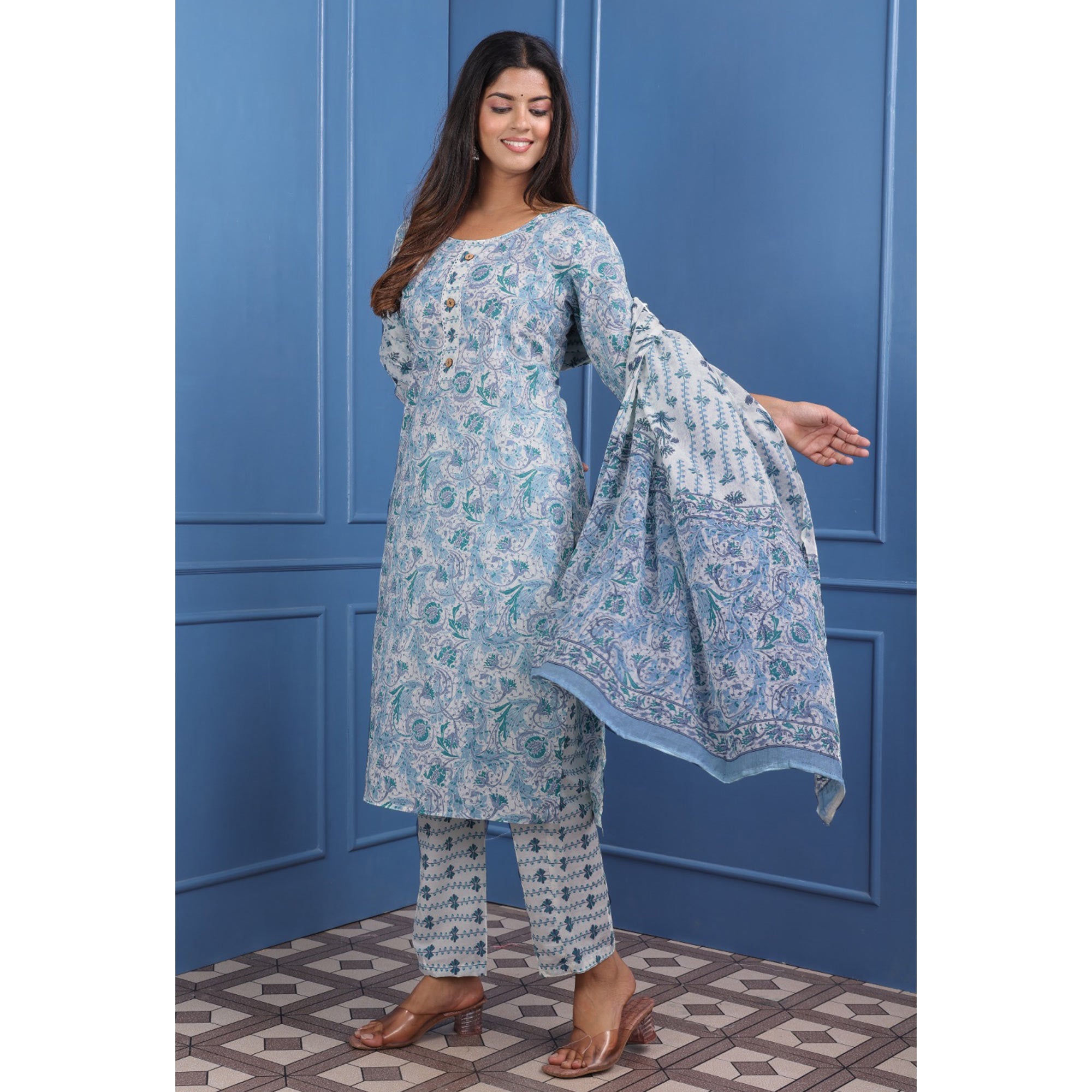 Blue Floral Printed Pure Cotton Suit