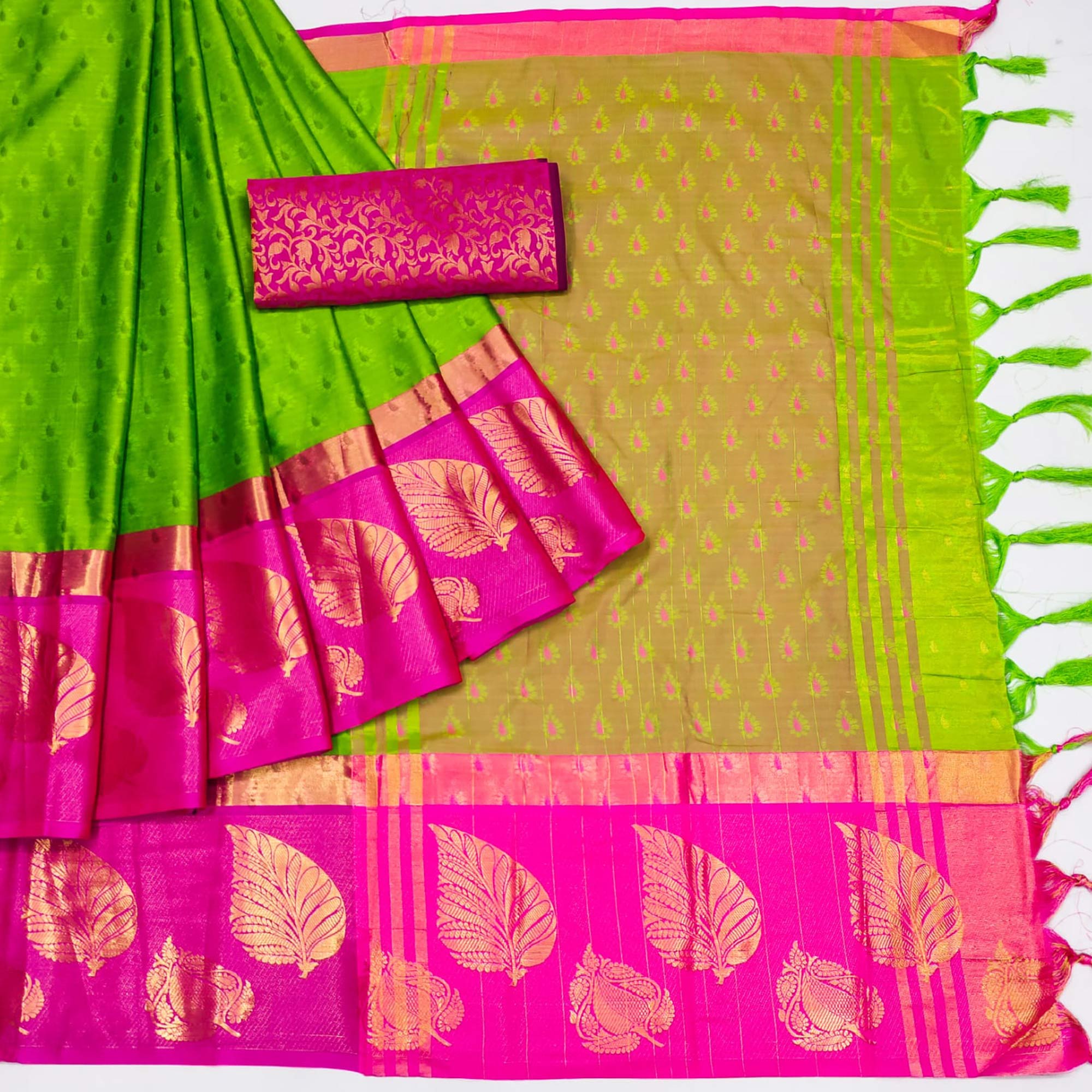 Parrot Green Woven Cotton Silk Saree With Tassels