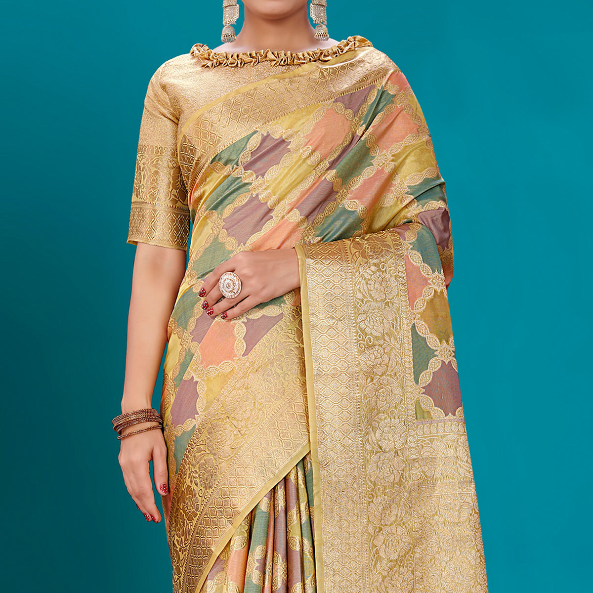 Light Pista Green Woven Organza Saree With Tassels