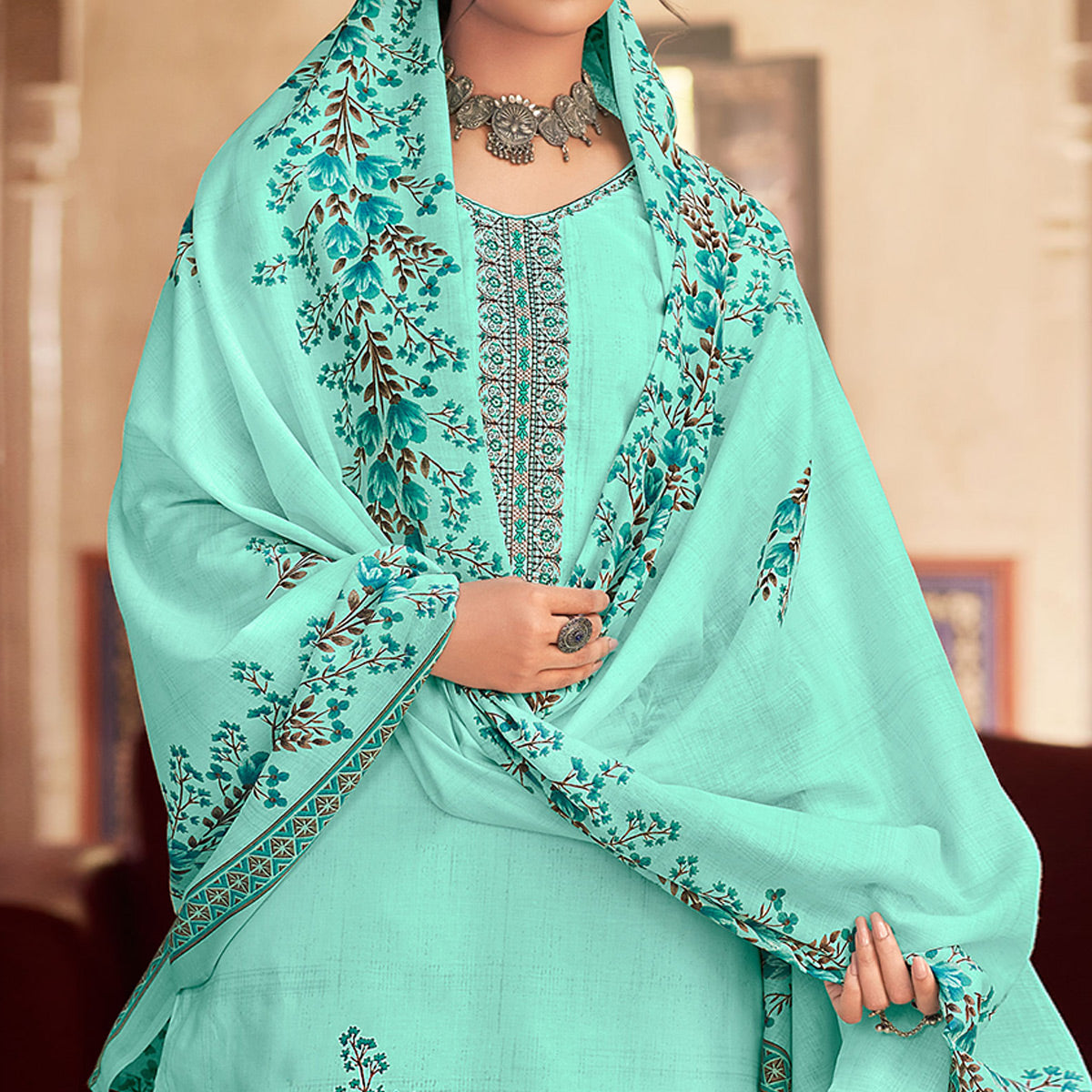 Turquoise Floral Printed With Embroidered Pure Cotton Palazzo Suit