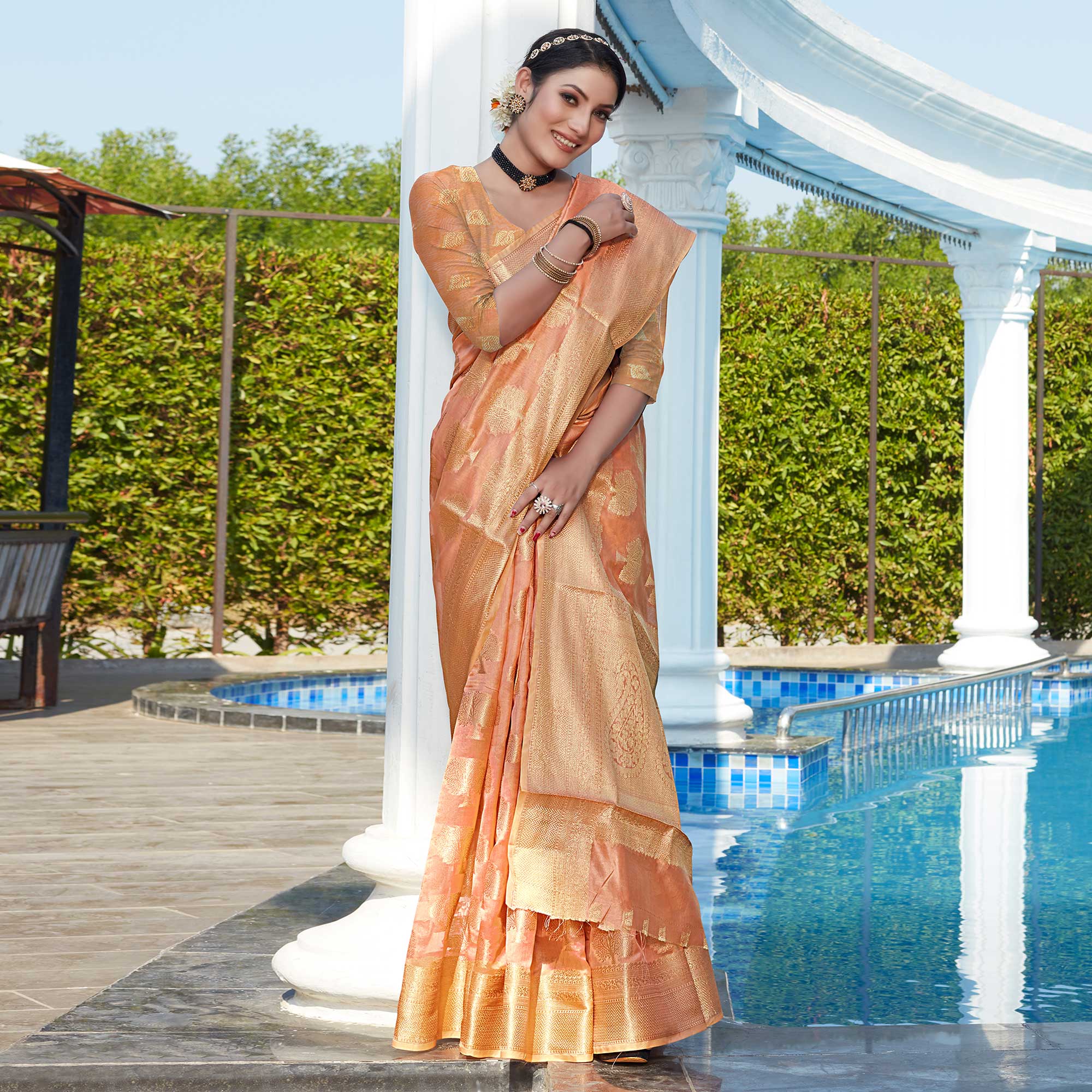 Peach Woven Organza Saree