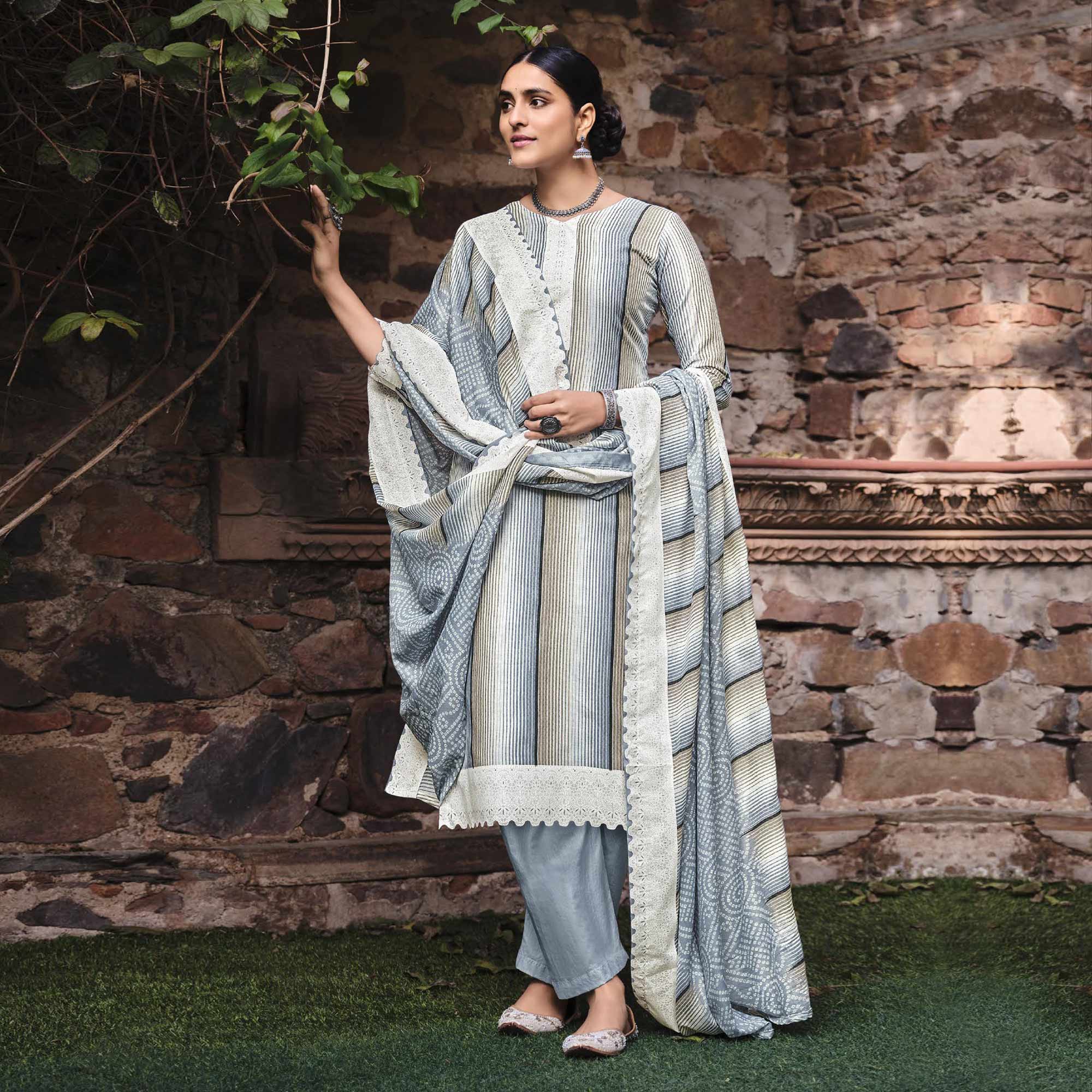 Grey Printed Pure Cotton Salwar Suit