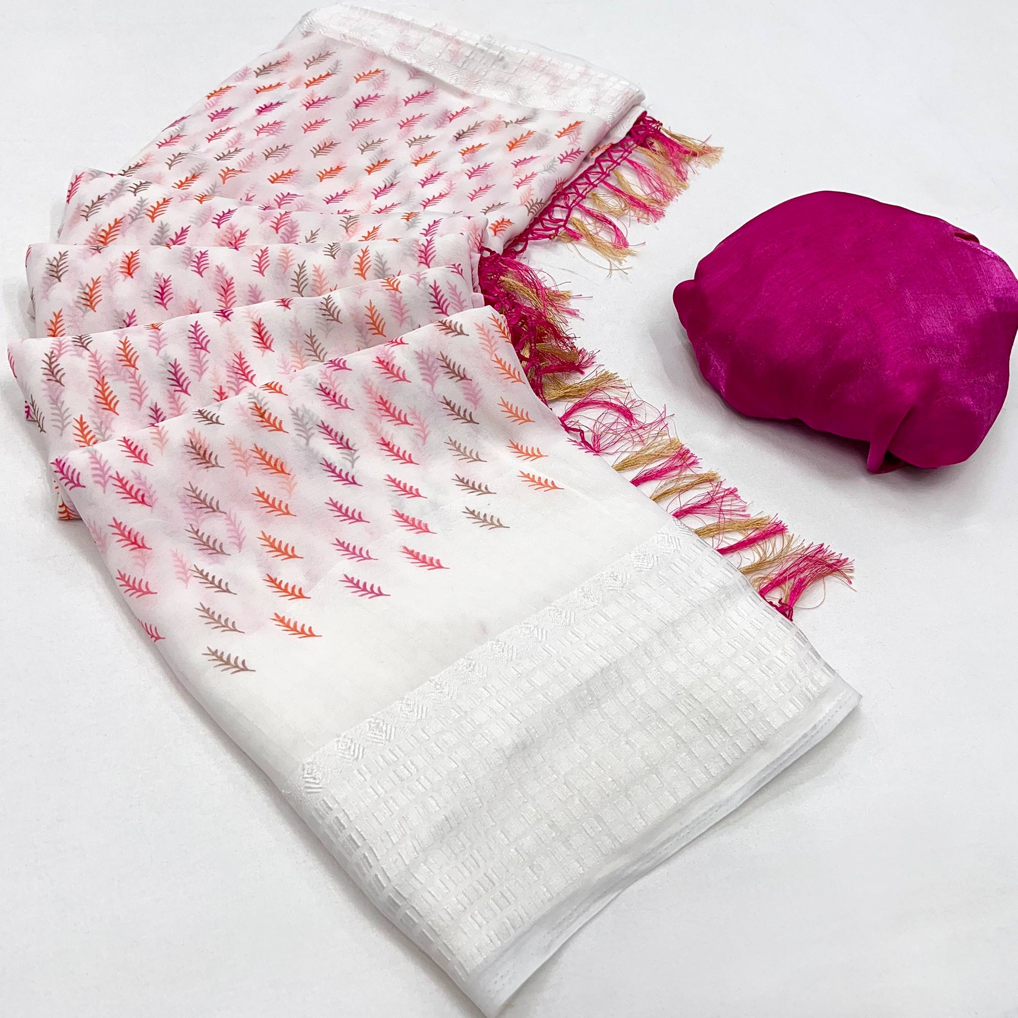 White Printed With Checks Border Georgette Saree