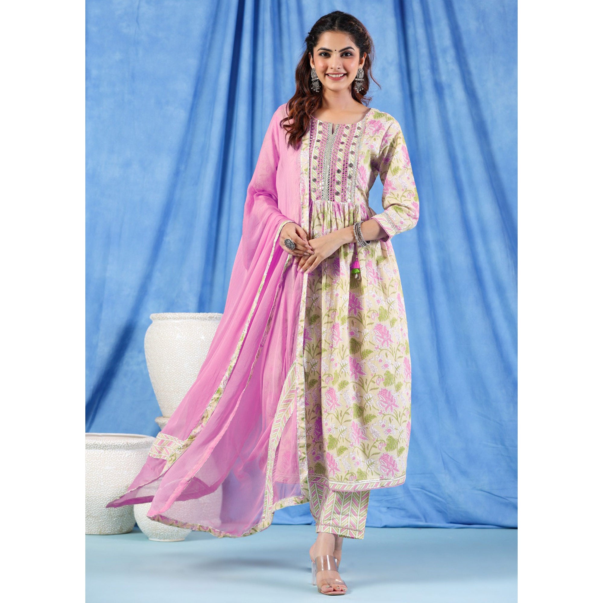 Yellow Pink Floral Printed Pure Cotton Naira Cut Suit