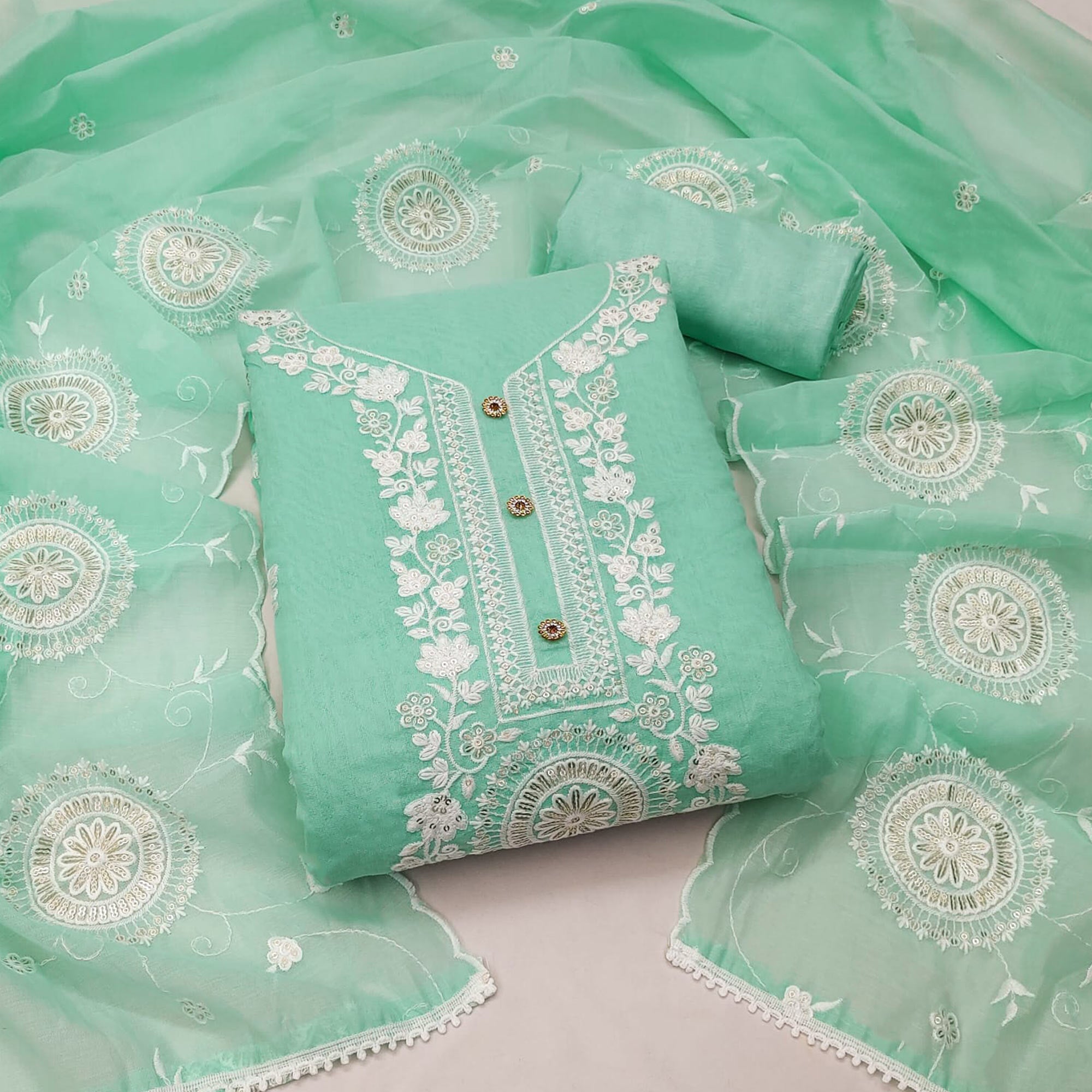 Green Floral Embroidered Chanderi Dress Material