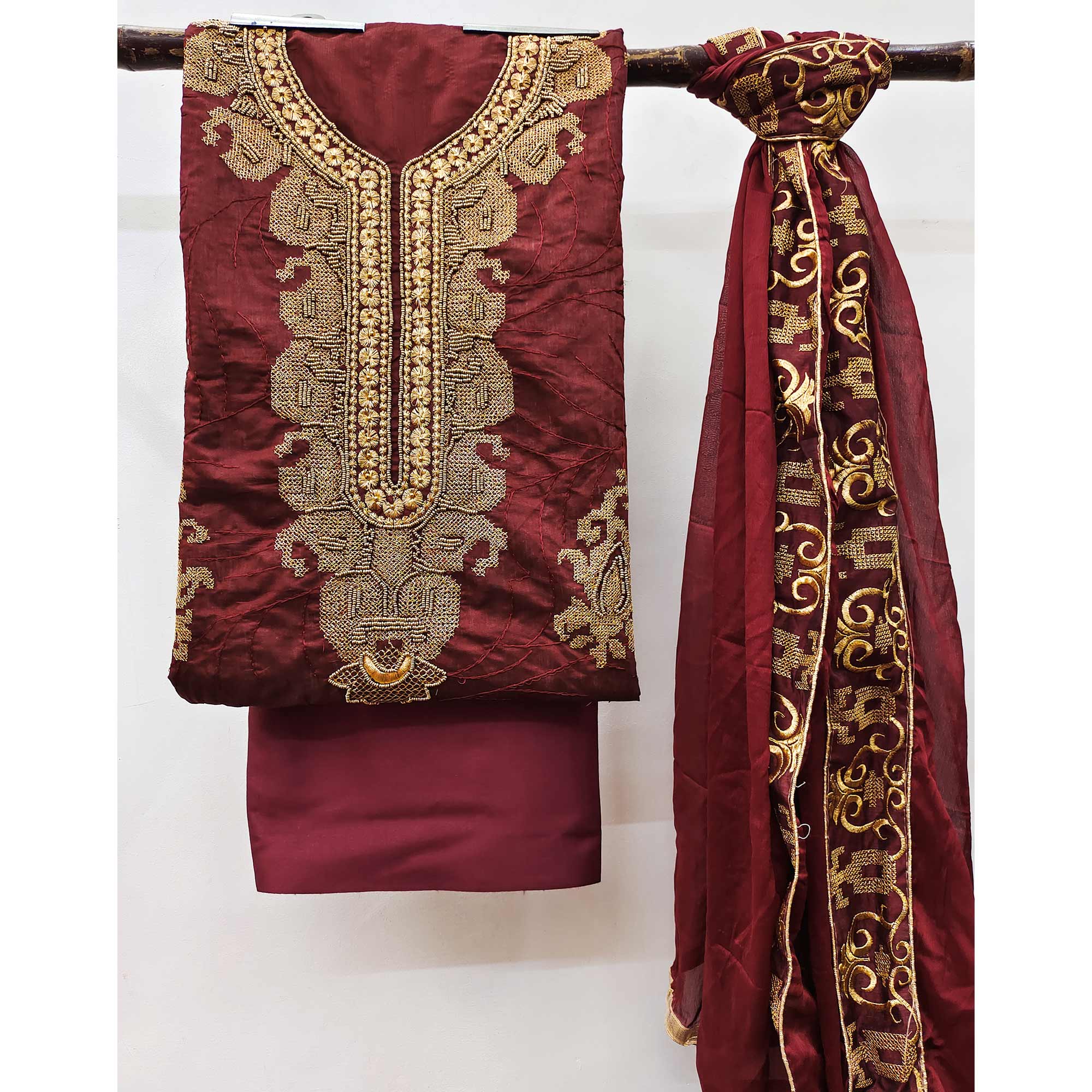 Maroon Handwork Embroidered Modal Dress Material