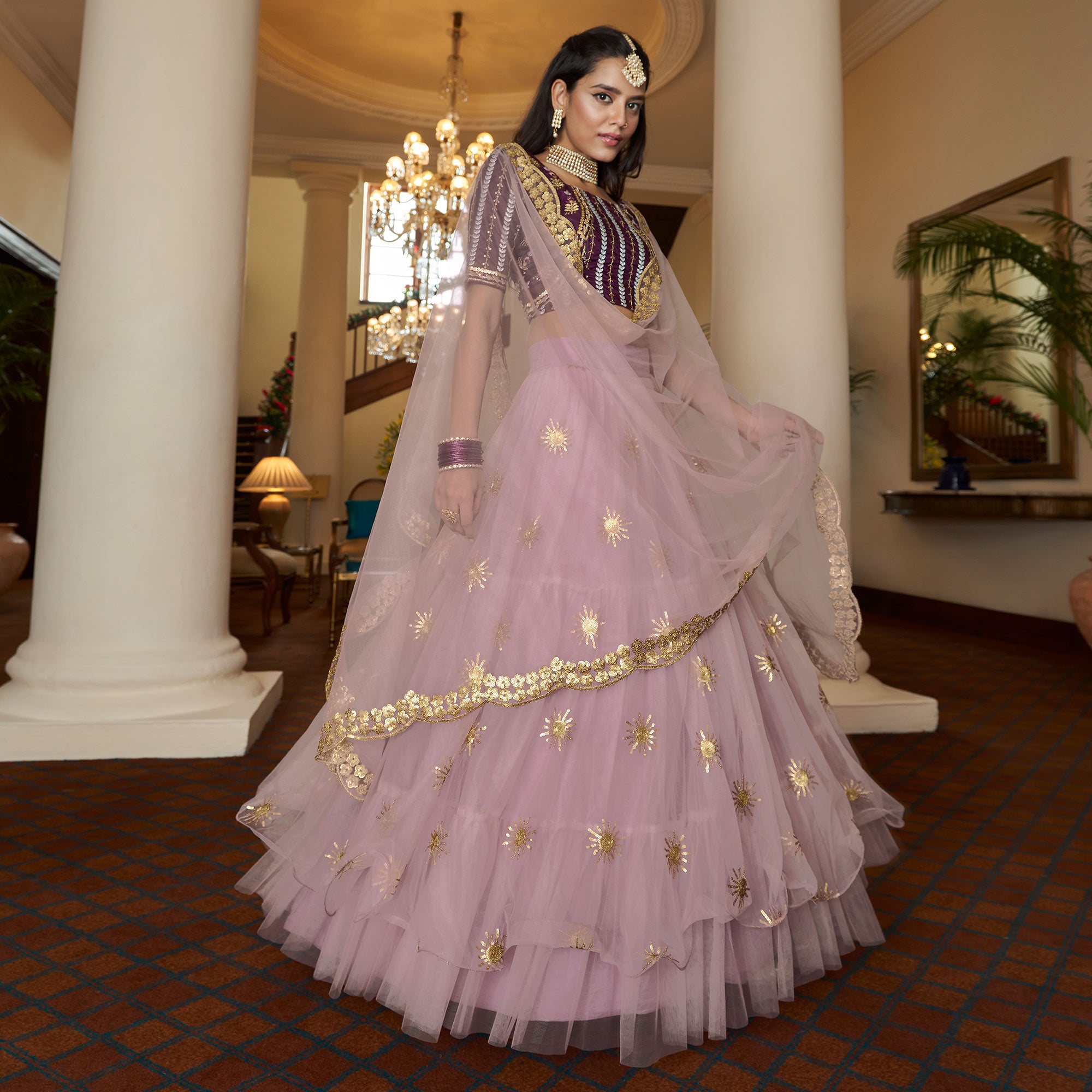 Light Purple Sequins Embroidered Netted Lehenga Choli