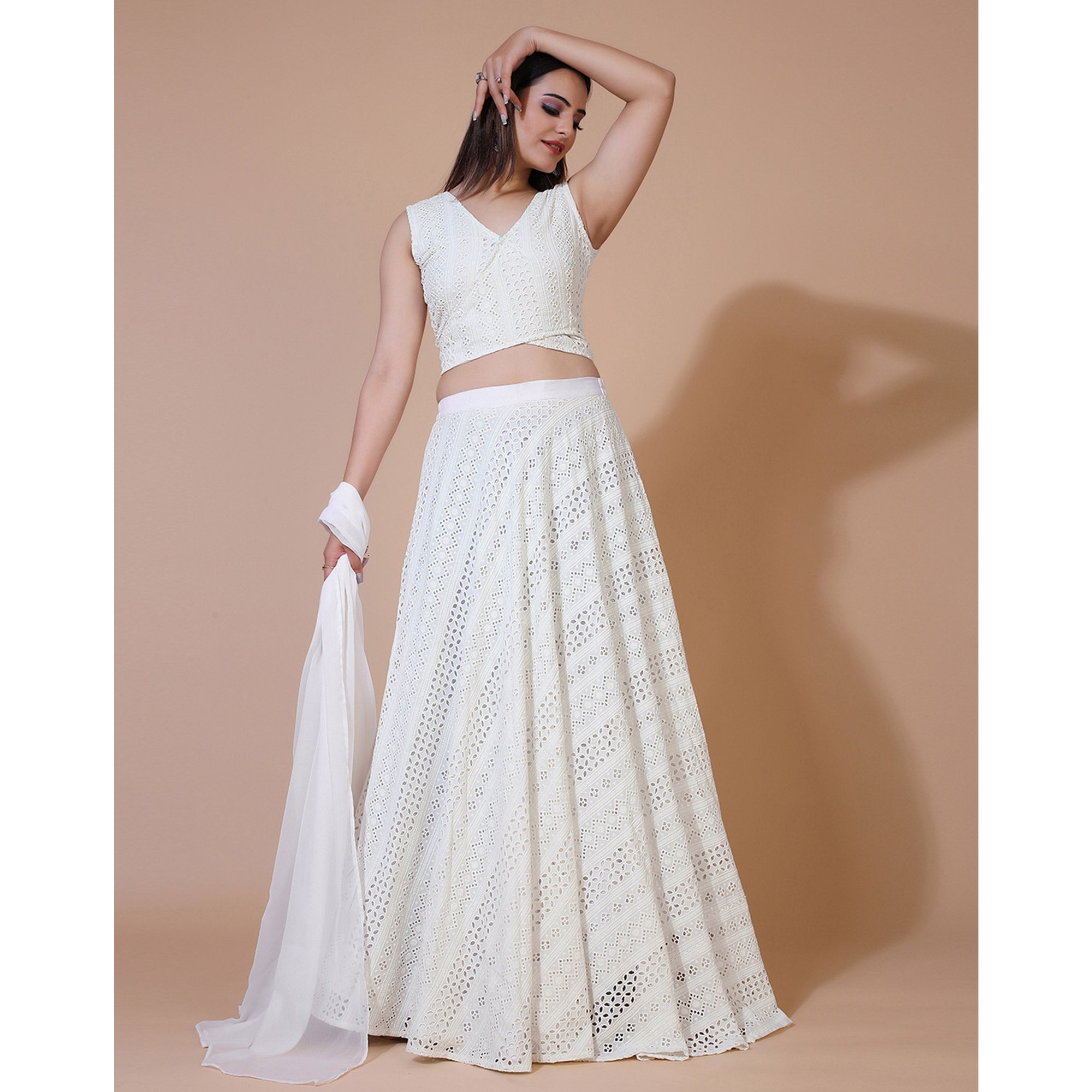 White Lucknowi Chikankari Work Rayon Lehenga Choli