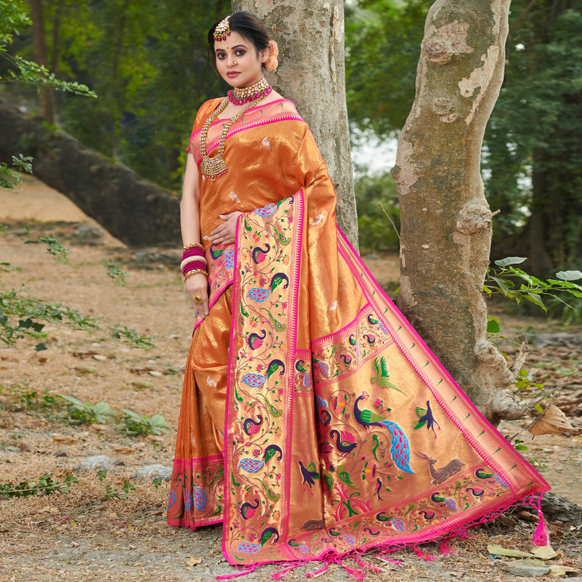 Orange Woven Art Silk Paithani Saree With Tassels