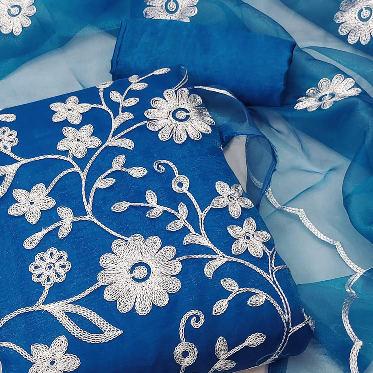 Blue Floral Embroidered Organza Dress Material