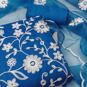 Blue Floral Embroidered Organza Dress Material
