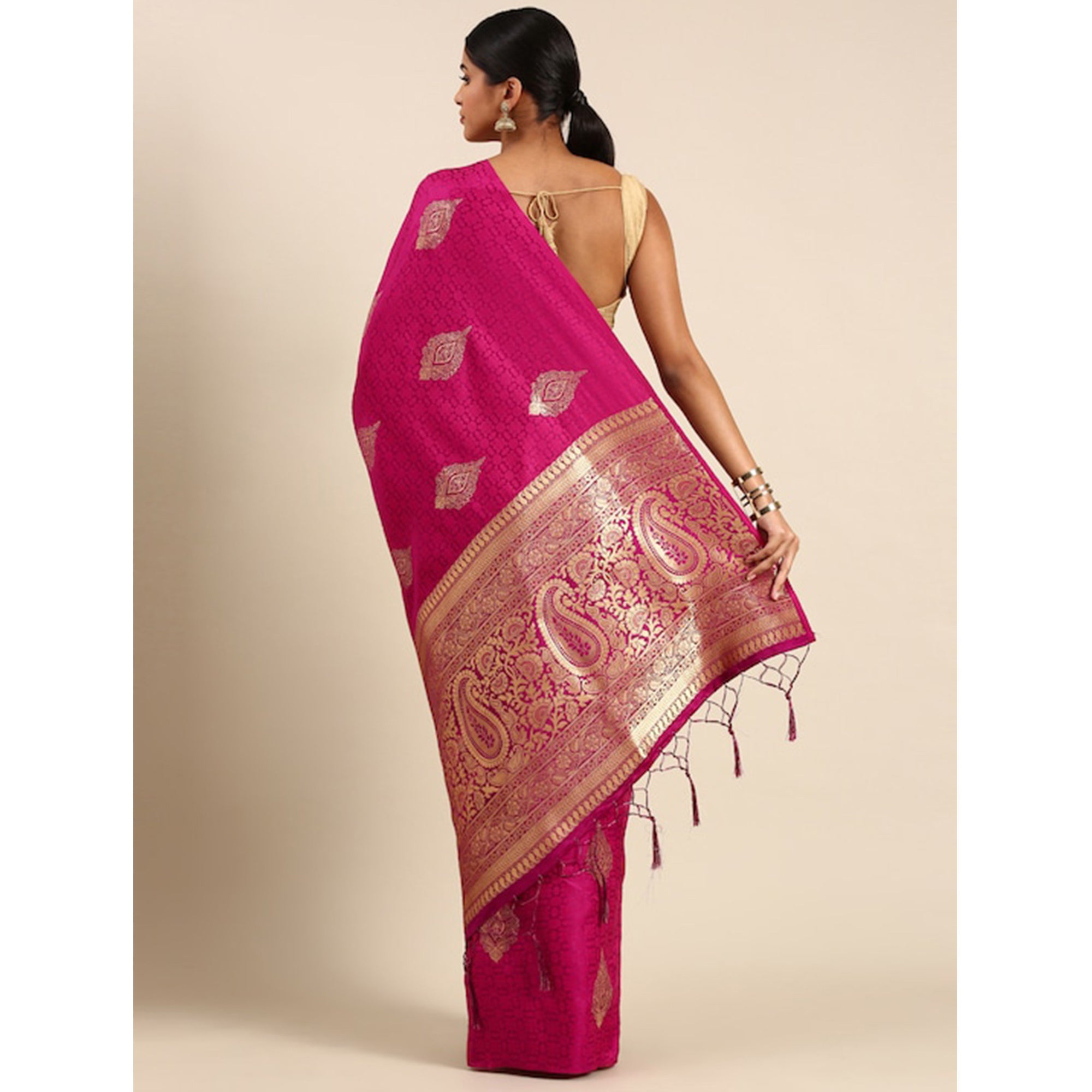 Pink Woven Kanjivaram Silk Saree WithTassels