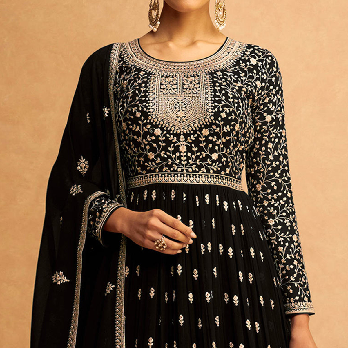 Black Floral Sequins Embroidered Georgette Semi Stitched Anarkali Suit